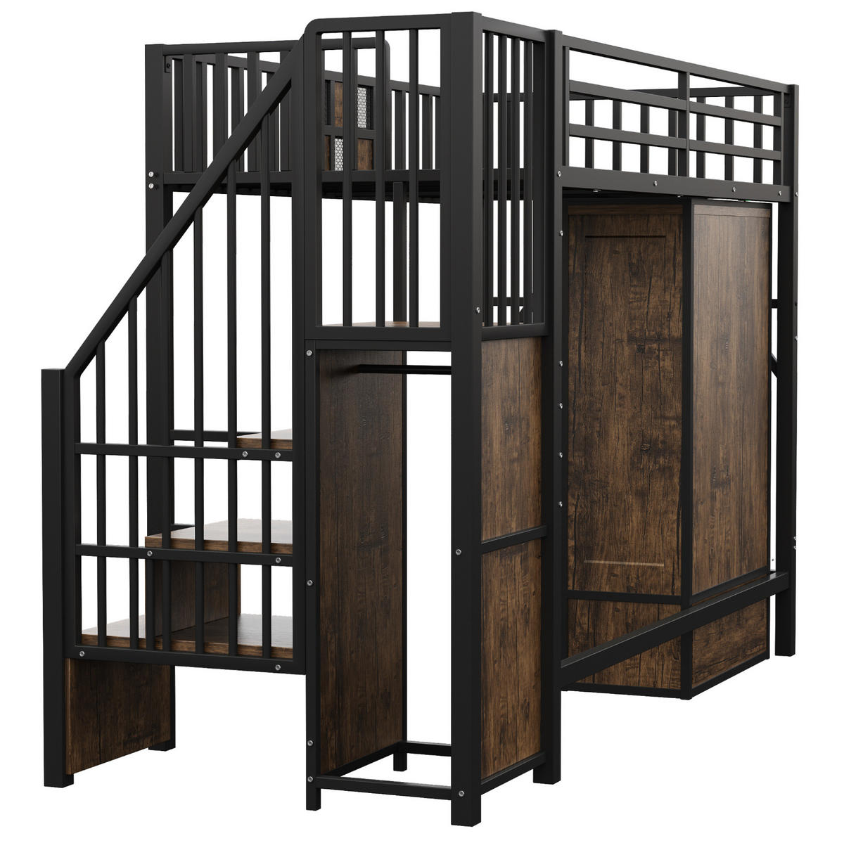 HOCHBETT 90/200 cm aus Metall und Holz mit Kleiderschrank und Aufbewahrungsleiter Schwarz - Schwarz, Metall (90/200cm) - Modenvie