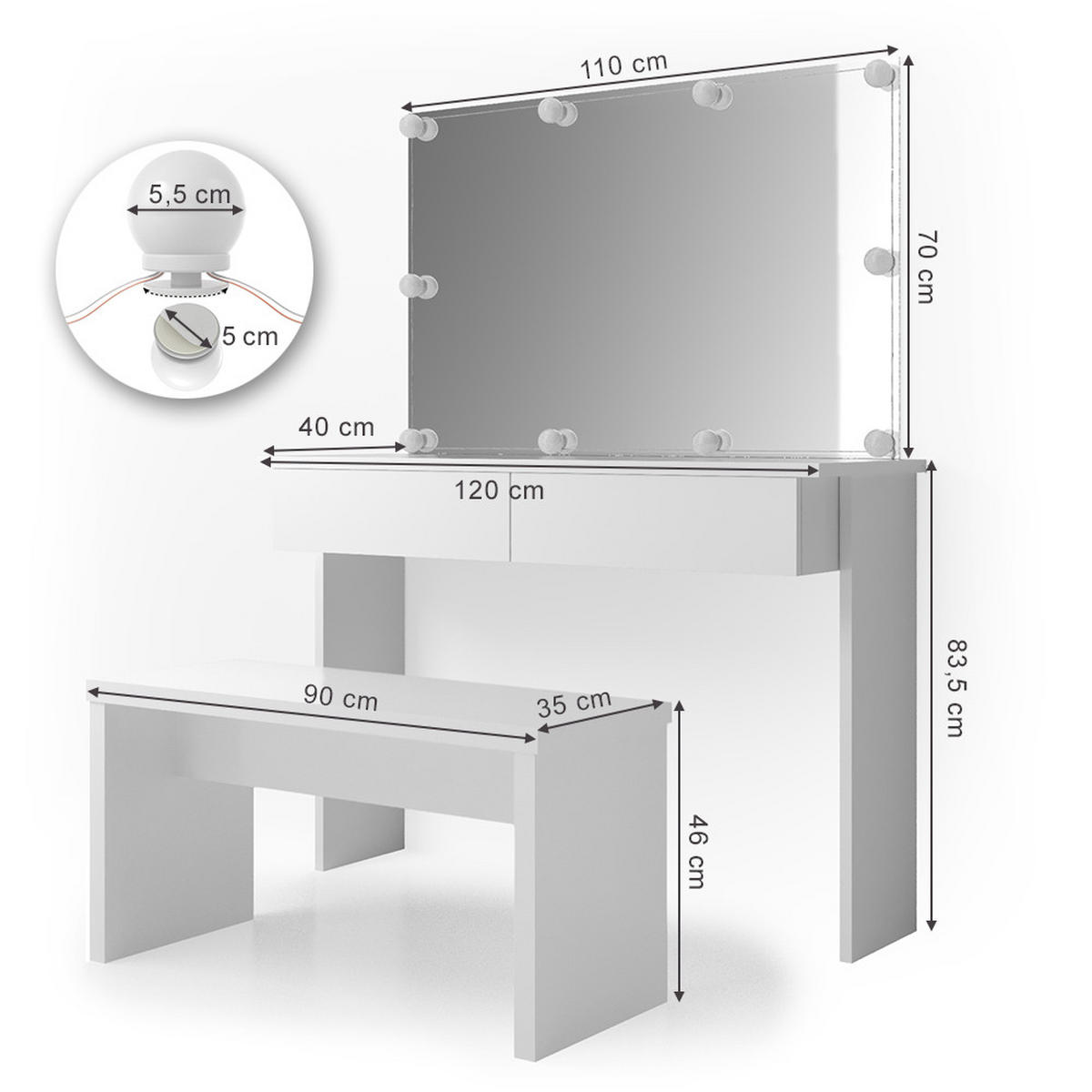 SCHMINKTISCH Azur Weiß 120 cm mit LED Beleuchtung und Bank - Weiß, Holzwerkstoff (120/83/40cm) - Vicco