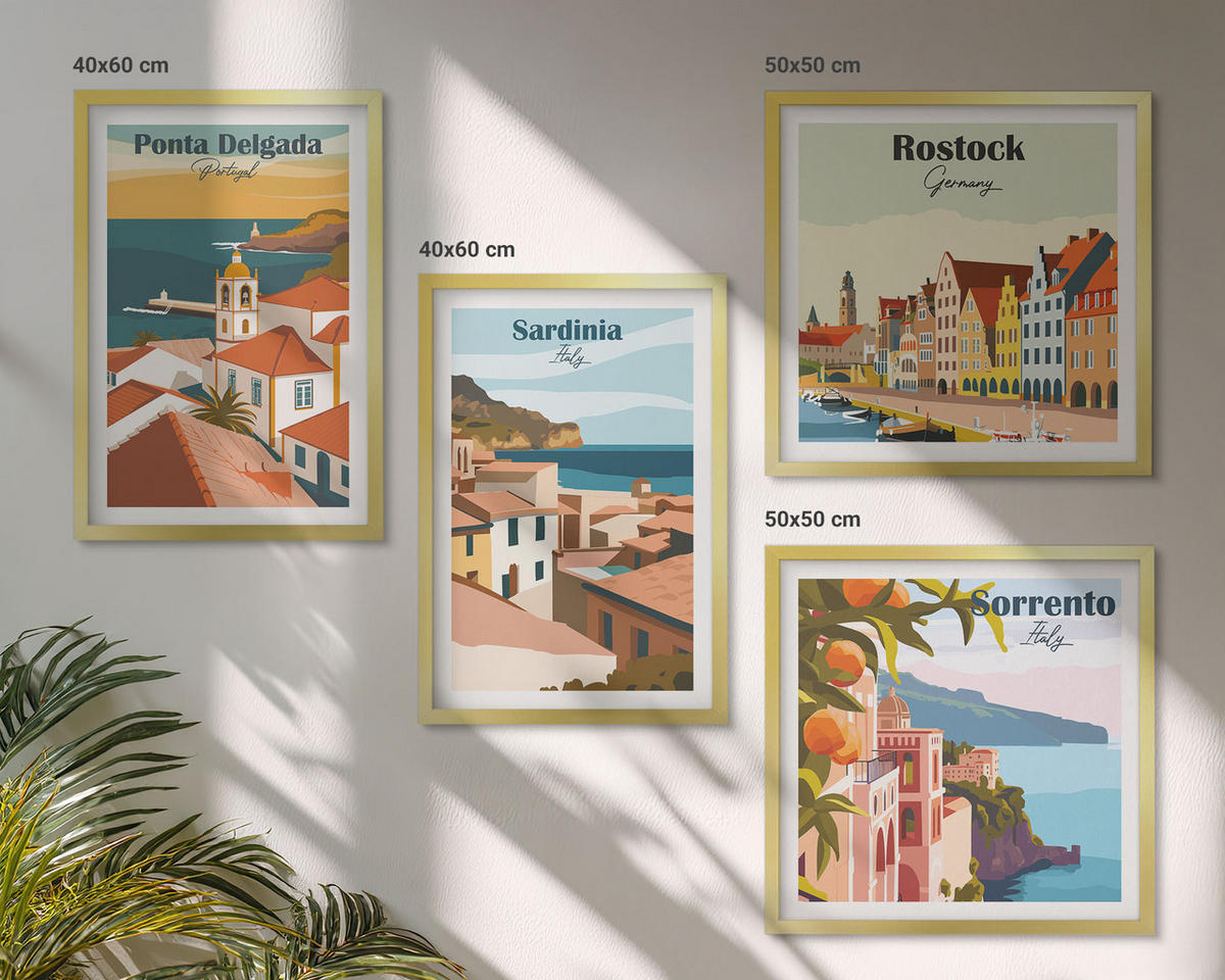 BILDER SET 4er Set - 50x50 cm & 40x60 cm Goldrahmen - Ansichten europäischer Häfen - Goldfarben, Kunststoff (50/50cm) - TULUP