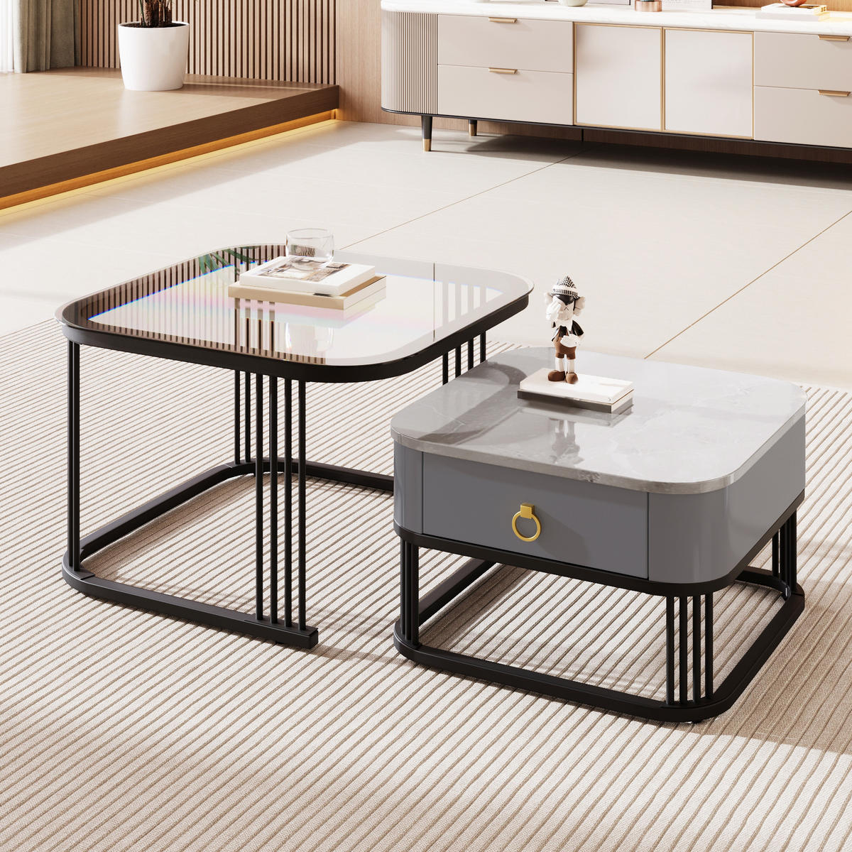 COUCHTISCH 2er-Set Marmoroptik mit Glasplatte und Schubladen - Schwarz, Holzwerkstoff (60/60/42cm) - Korfee