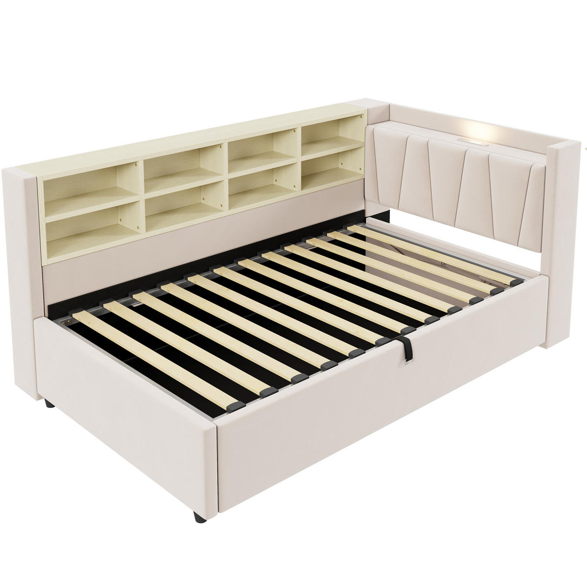 POLSTERBETT 90/200 cm in Beige Samt mit Bettkasten, LED, USB, Type-C und Ablagen - Beige, Holzwerkstoff/Textil (90/200cm) - WISHDOR