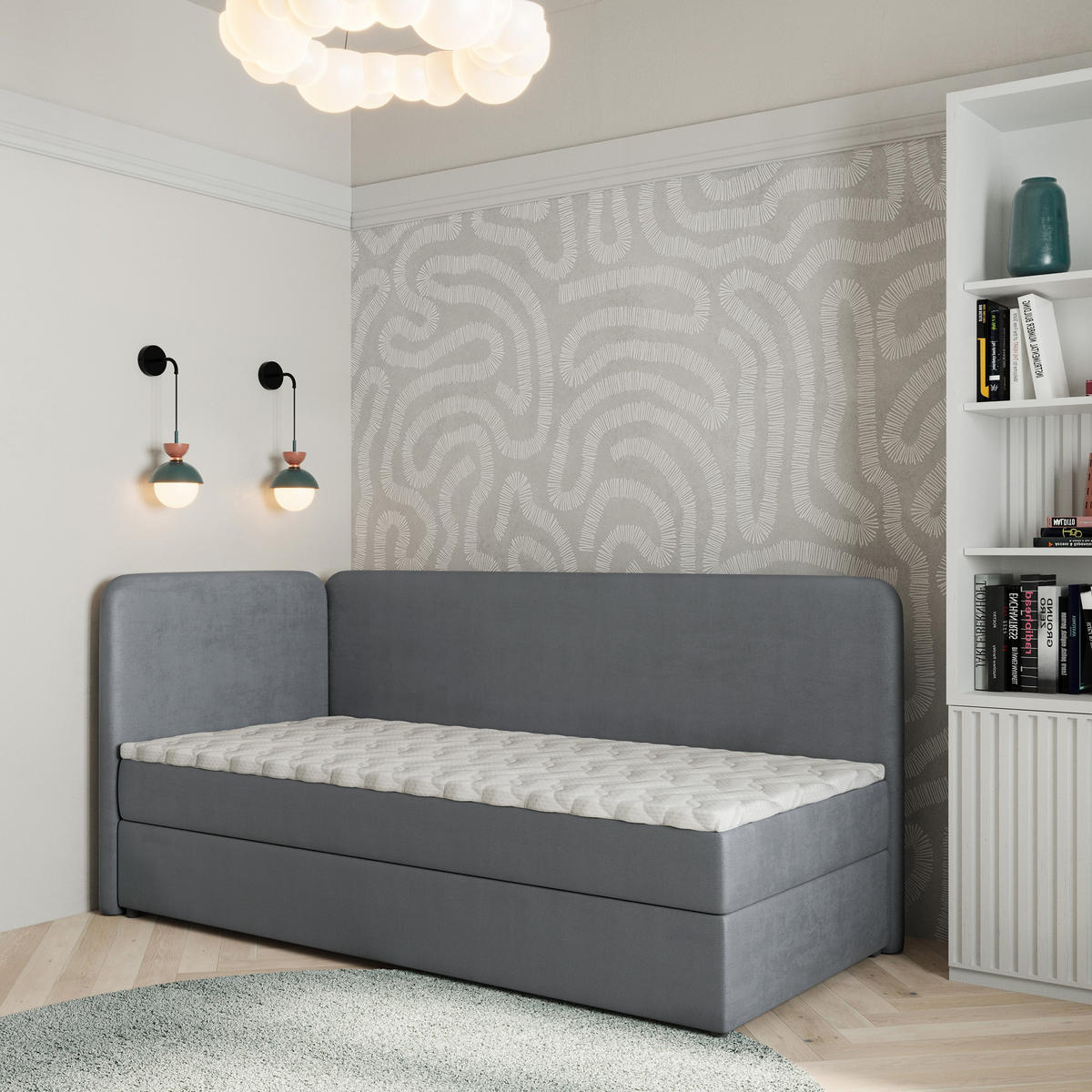 BOXBETT GINA 80x200 cm mit Matratze und Topper, H2+H3 - Grau - Grau, Holz (80/200cm) - MASSENO