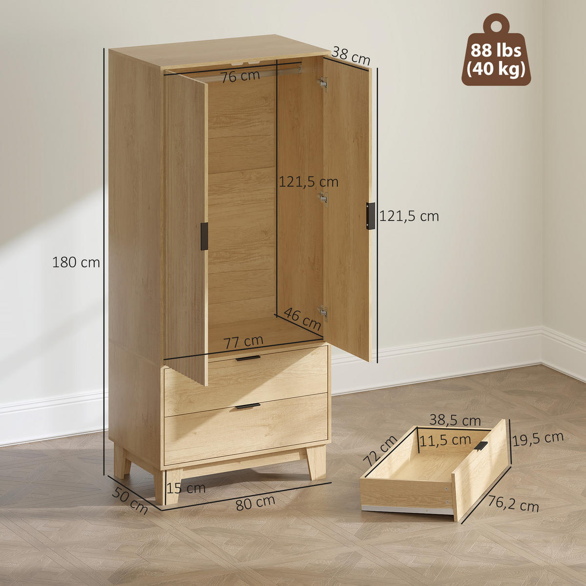 KLEIDERSCHRANK Naturfarben 80/50/180 cm - Naturfarben, Holzwerkstoff (50/180/80cm) - PANGIVO