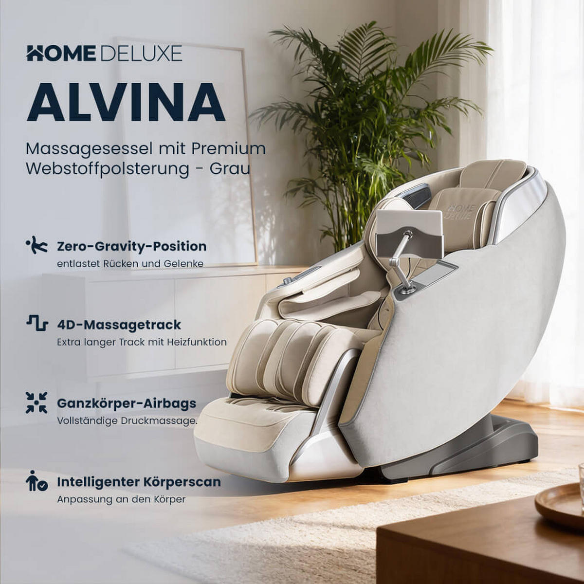 MASSAGESESSEL ALVINA mit Premium Webstoffpolsterung - Grau - Grau, Kunststoff (76.7/157/116cm) - Home Deluxe