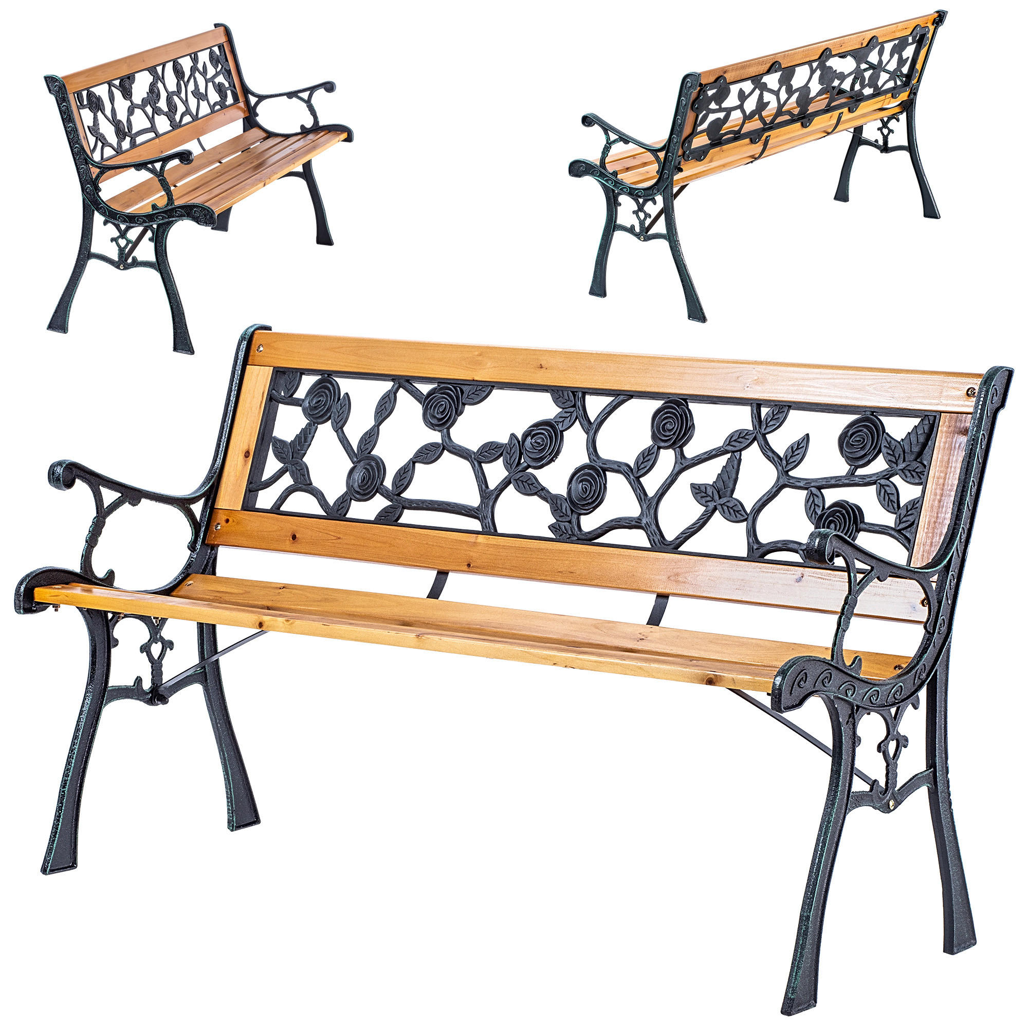 GARTENBANK aus Holz und Gusseisen, 2-Sitzer Holzbank mit Armlehnen & Rückenlehne - Hellbraun, Holz (52/73.5/127cm) - KADAX