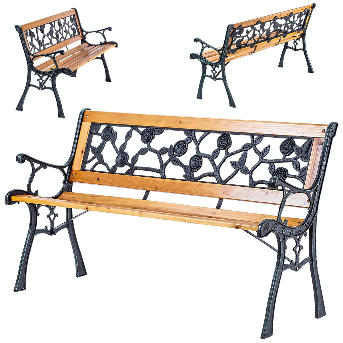 GARTENBANK aus Holz und Gusseisen, 2-Sitzer Holzbank mit Armlehnen & Rückenlehne - Hellbraun, Holz (52/73.5/127cm) - KADAX