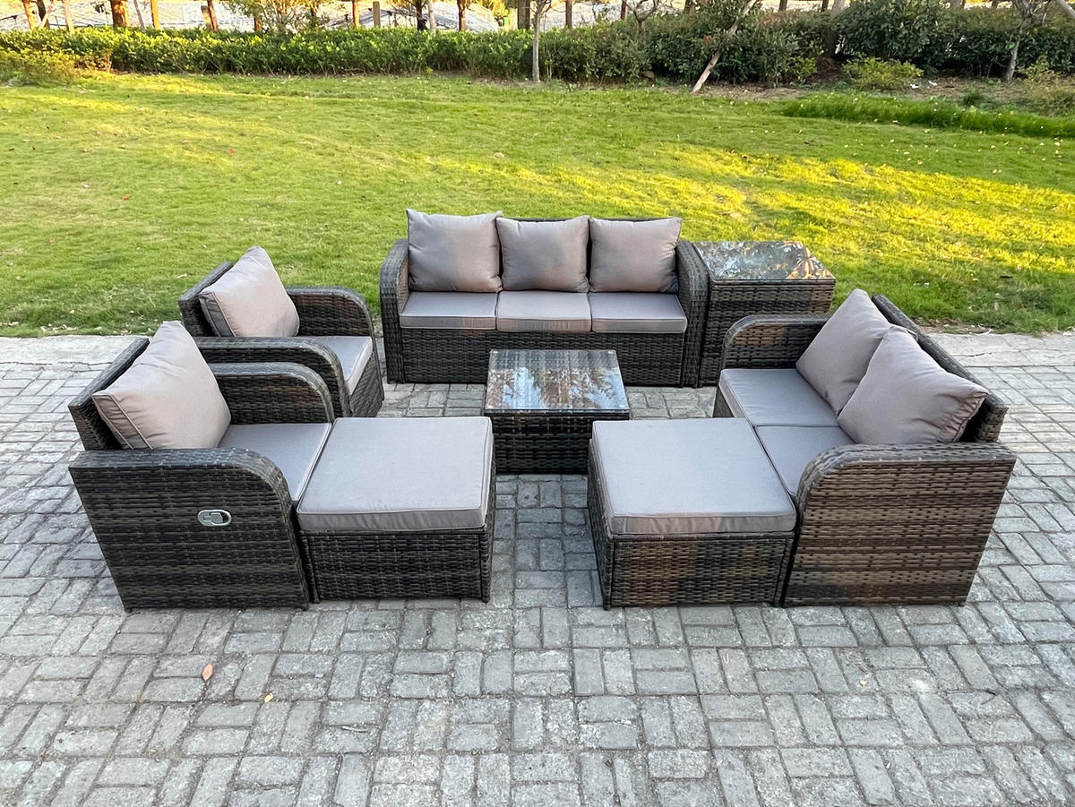GARTENSOFA SET mit Couchtisch Polyrattan Dunkelgrau 8-teilige - Dunkelgrau/Grau, Glas/Kunststoff - Fimous