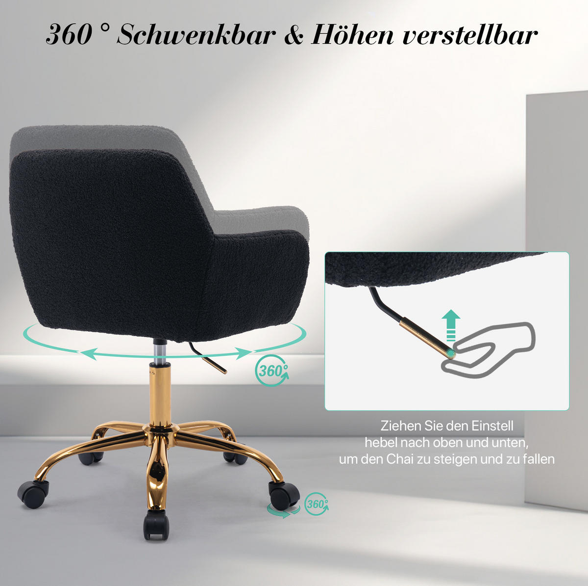 BÜROSTUHL in Schwarz 53x53x55 cm mit Kunstpelzbezug, höhenverstellbar und drehbar - Schwarz, Kunststoff (53/55/53cm) - IVMEU