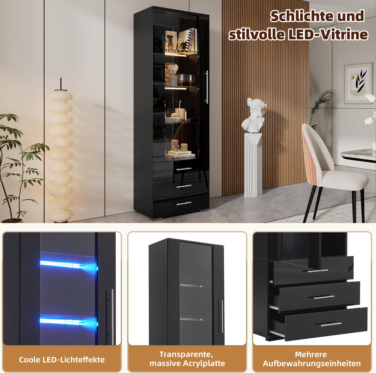 VITRINE 60/35/180 cm mit LED-Beleuchtung, 3 Schubladen und Hochglanzfront, Schwarz - Schwarz, Holzwerkstoff (60/180/35cm) - Redom