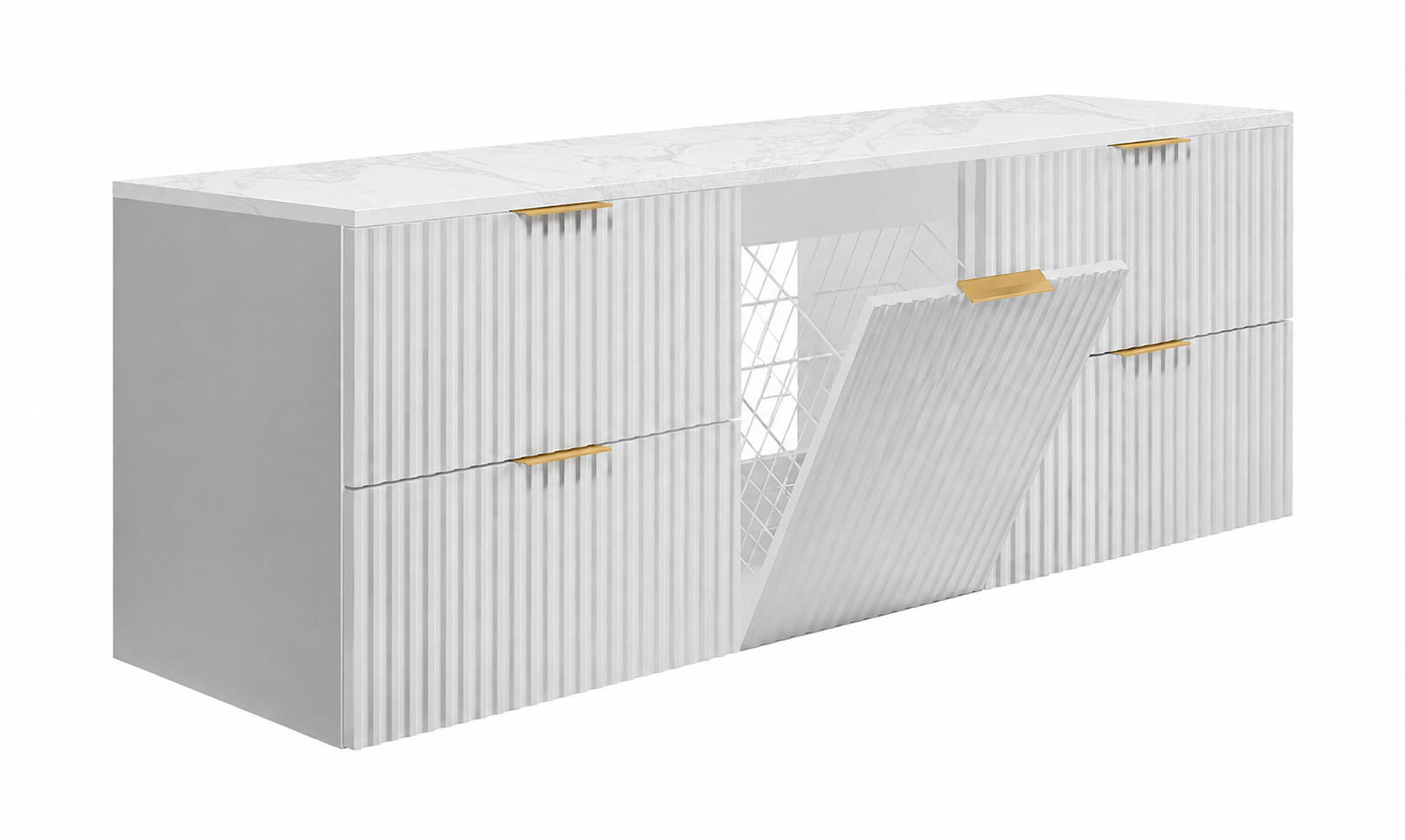 BADMÖBEL-SET MIT WÄSCHEKORB: Weiß / Platte Marmor Bianco, Griffe Gold, 160 x 46 x 57 cm - Creme/Weiß, Holzwerkstoff (160/57/46cm) - 3XE LIVING