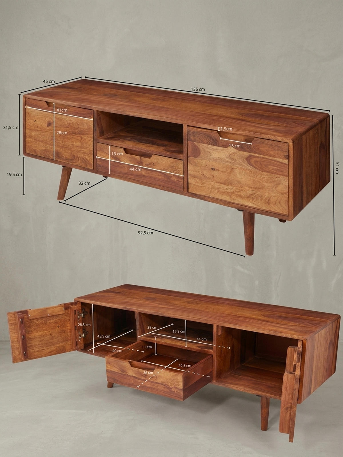 LOWBOARD Massivholz Landhausstil mit Stauraum Handgefertigt - Braun, Holz (135/51/45cm) - KADIMA DESIGN