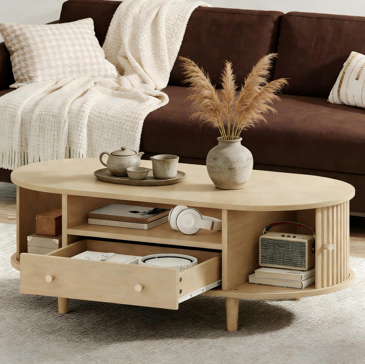 COUCHTISCH aus MDF 100x50x36 cm Eiche mit Schublade, Rolltüren und Ablage - Eichefarben, Holzwerkstoff (100/50/36cm) - IVMEU