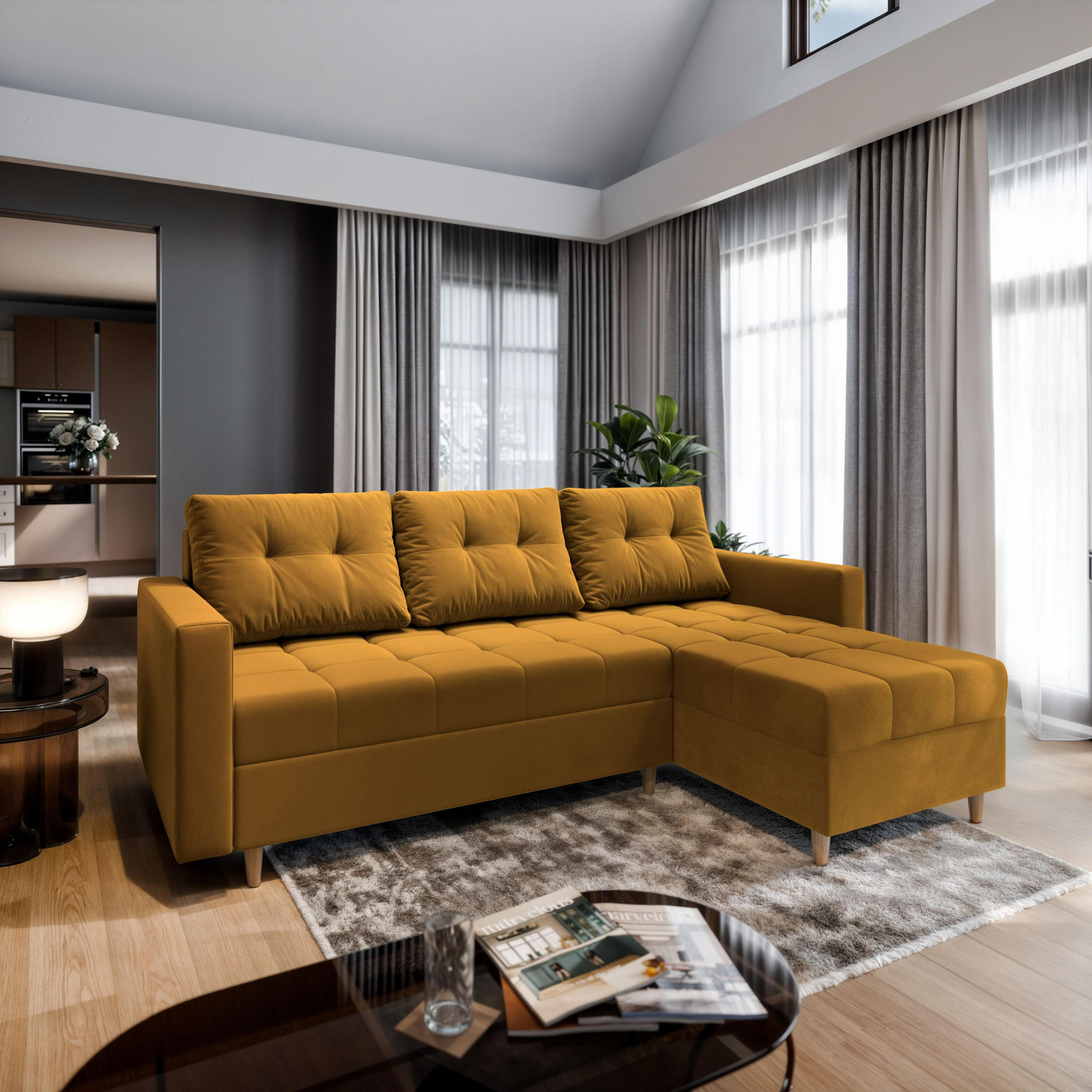 ECKSOFA MILO L Gelb Plüsch-Stoff mit Schlaffunktion - Gelb, Holz (220/140cm) - MASSENO