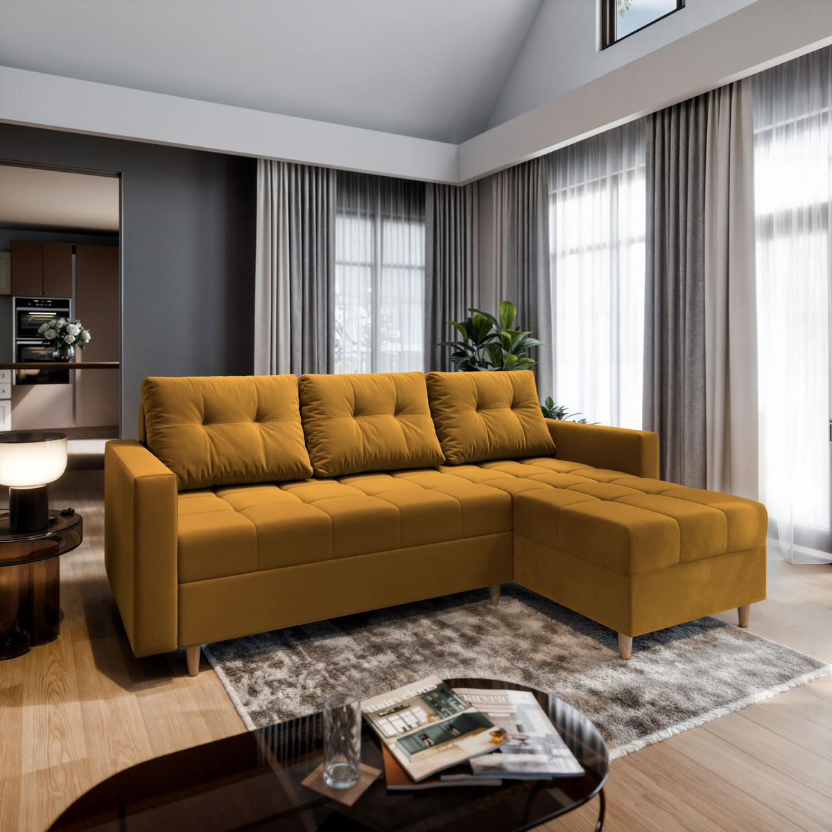 ECKSOFA MILO L Gelb Plüsch-Stoff mit Schlaffunktion - Gelb, Holz (220/140cm) - MASSENO