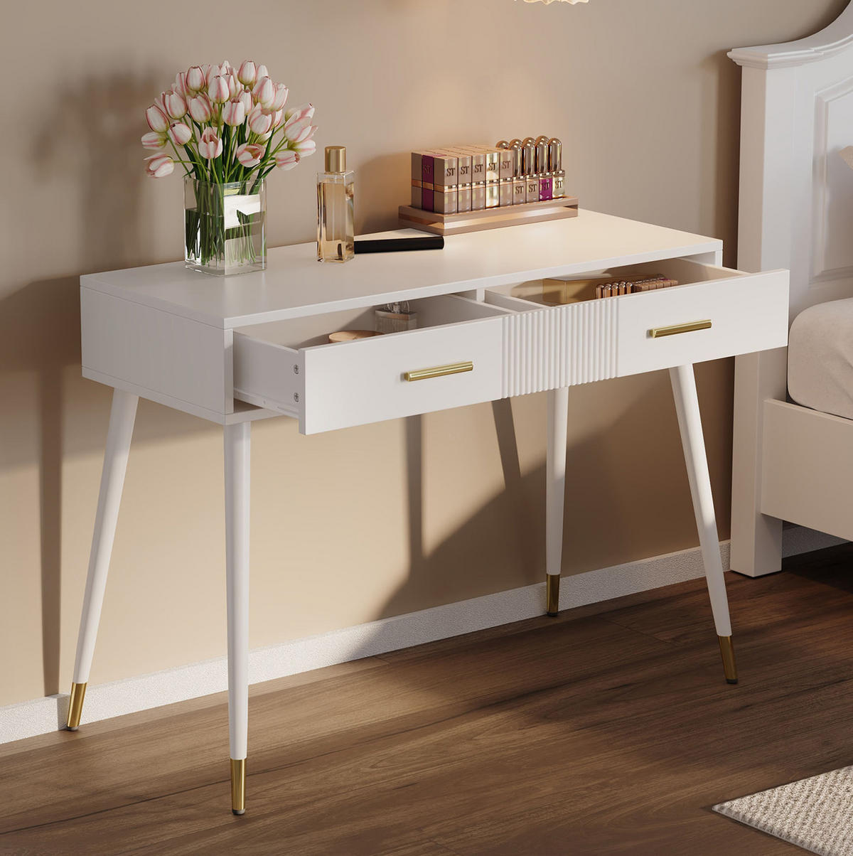 SCHMINKTISCH 100/40/76 cm in Weiß mit 2 Schubladen und goldfarbenen Metallfüßen - Weiß, Holzwerkstoff (40/76/100cm) - Flora Grace