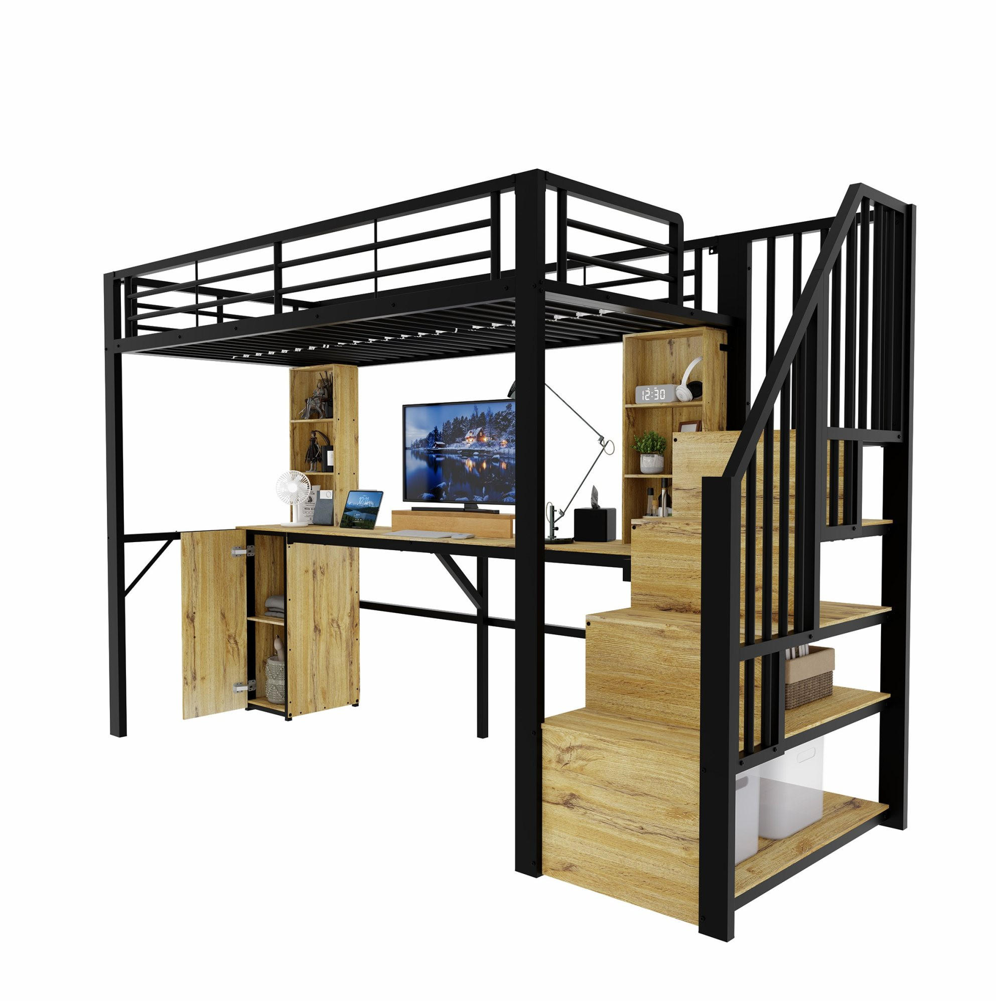 HOCHBETT Metall-Holz 90x200 cm Schwarz mit Schreibtisch, Stauraumtreppe, Schrank & USB-Anschluss - Schwarz, Metall (90/200cm) - Modfu