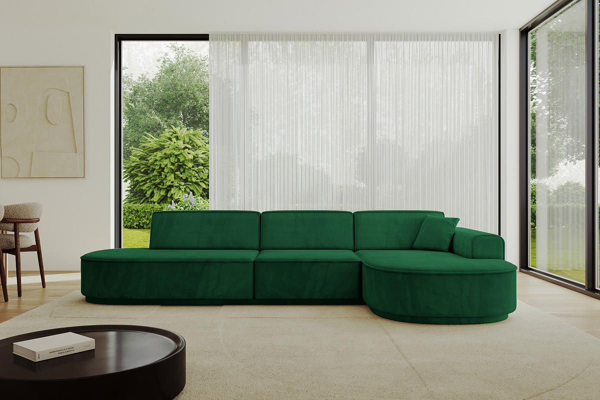 ECKSOFA Ottomane Rechts MARI-L2-v3 - 328x171x83 cm Dunkelgrün Velours - Dunkelgrün/Schwarz, Holzwerkstoff/Kunststoff (171/328cm) - ALTDECOR