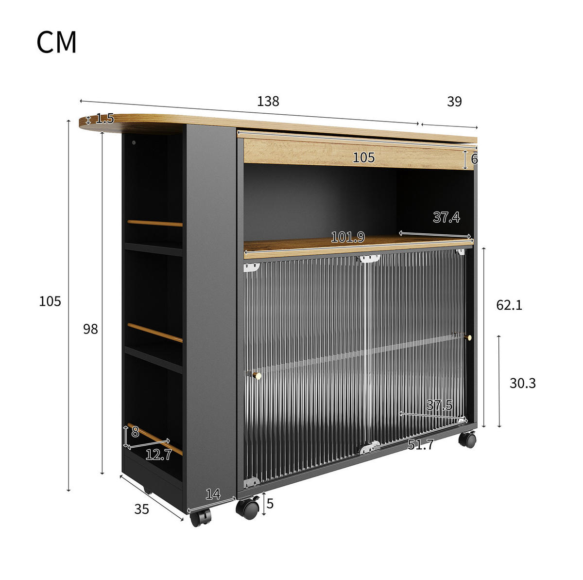 BAROVÝ stůl 138-204/39/105 cm černý z MDF s LED osvětlením a úložným prostorem - černá, kompozitní dřevo (39/204/105cm) - OKWISH