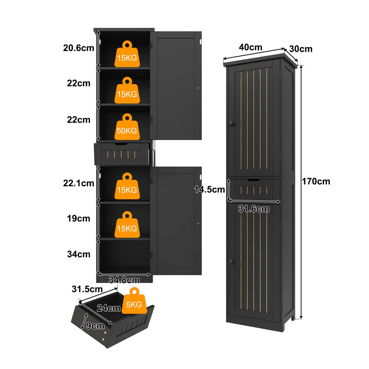 GESCHIRRSCHRANK 170 cm MDF Schwarz mit 2 Türen und verstellbaren Böden - Schwarz, Holzwerkstoff (30/170/40cm) - Korfee