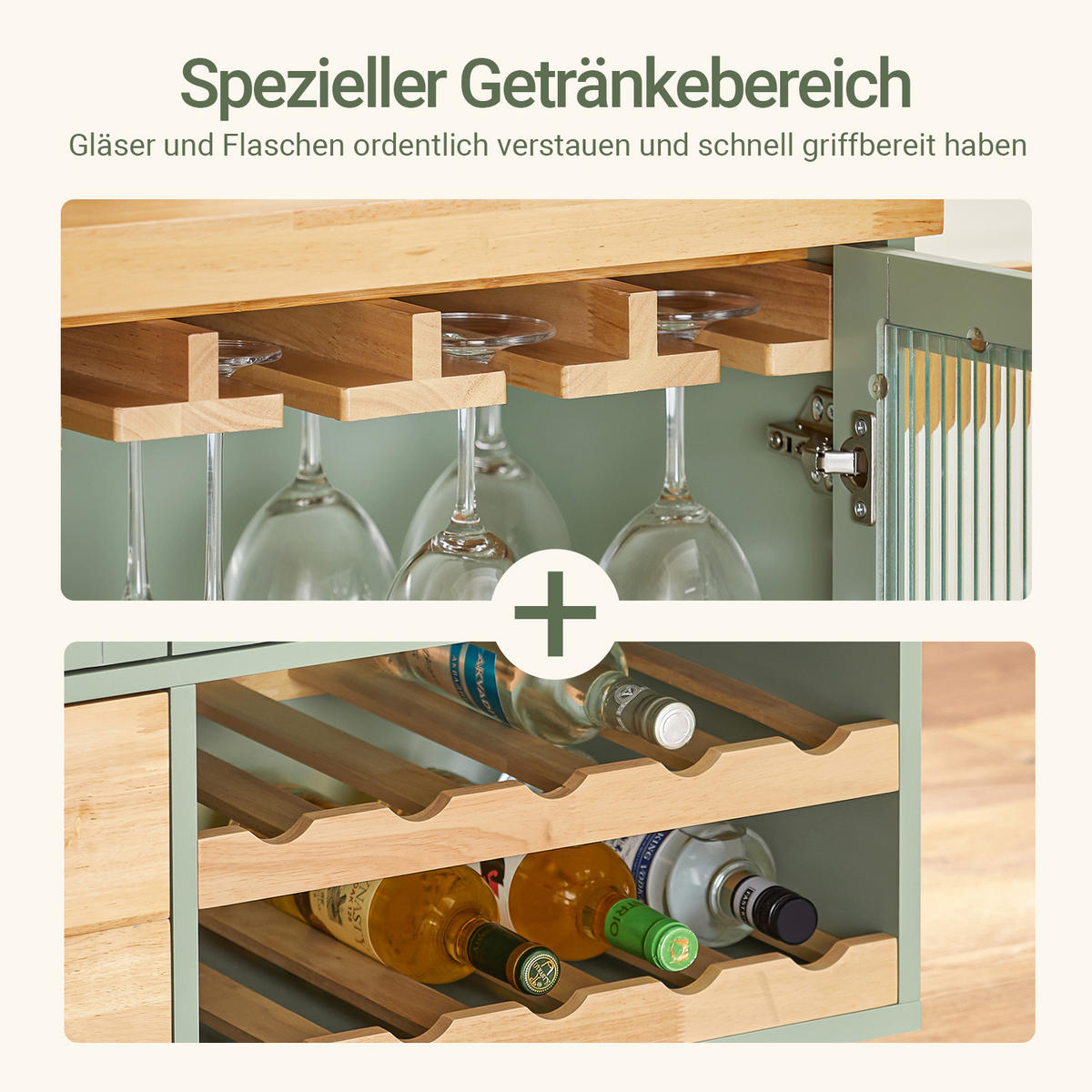 KÜCHENINSEL mit Bremsrollen, 110 x 92 x 40 cm, Weinregal, Glastüren, 2 Schubladen, Grün - Grün, Naturmaterialien/Holz (109/92/40cm) - SoBuy