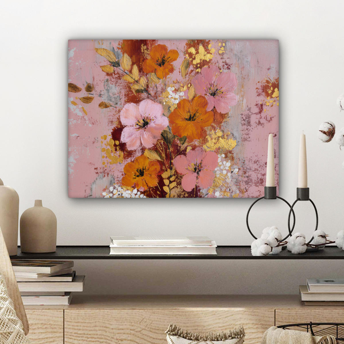 LEINWANDBILD Malerei - Blumen - Rustikal - Rosa Wandbild 40x30 cm - Altrosa, Textil (40/30cm) - MuchoWow