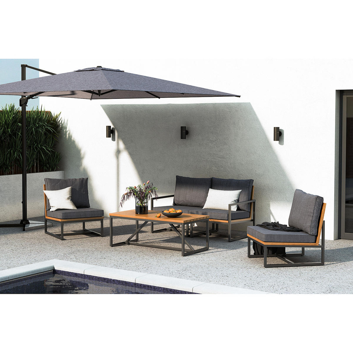 LOUNGESESSEL - Polyester / Akazie massiv - Grau / Braun - Braun/Grau, Holz/Textil (65/79/74cm) - home24