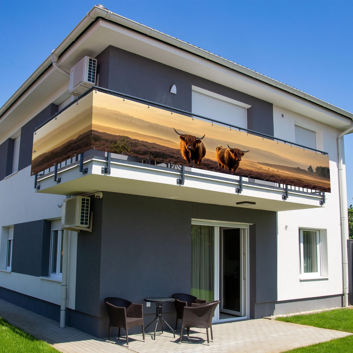 BALKON-SICHTSCHUTZ Schottische Hochlandbewohner - Heide - Landschaft - Tiere - Cognac, Kunststoff (500/80cm) - MuchoWow