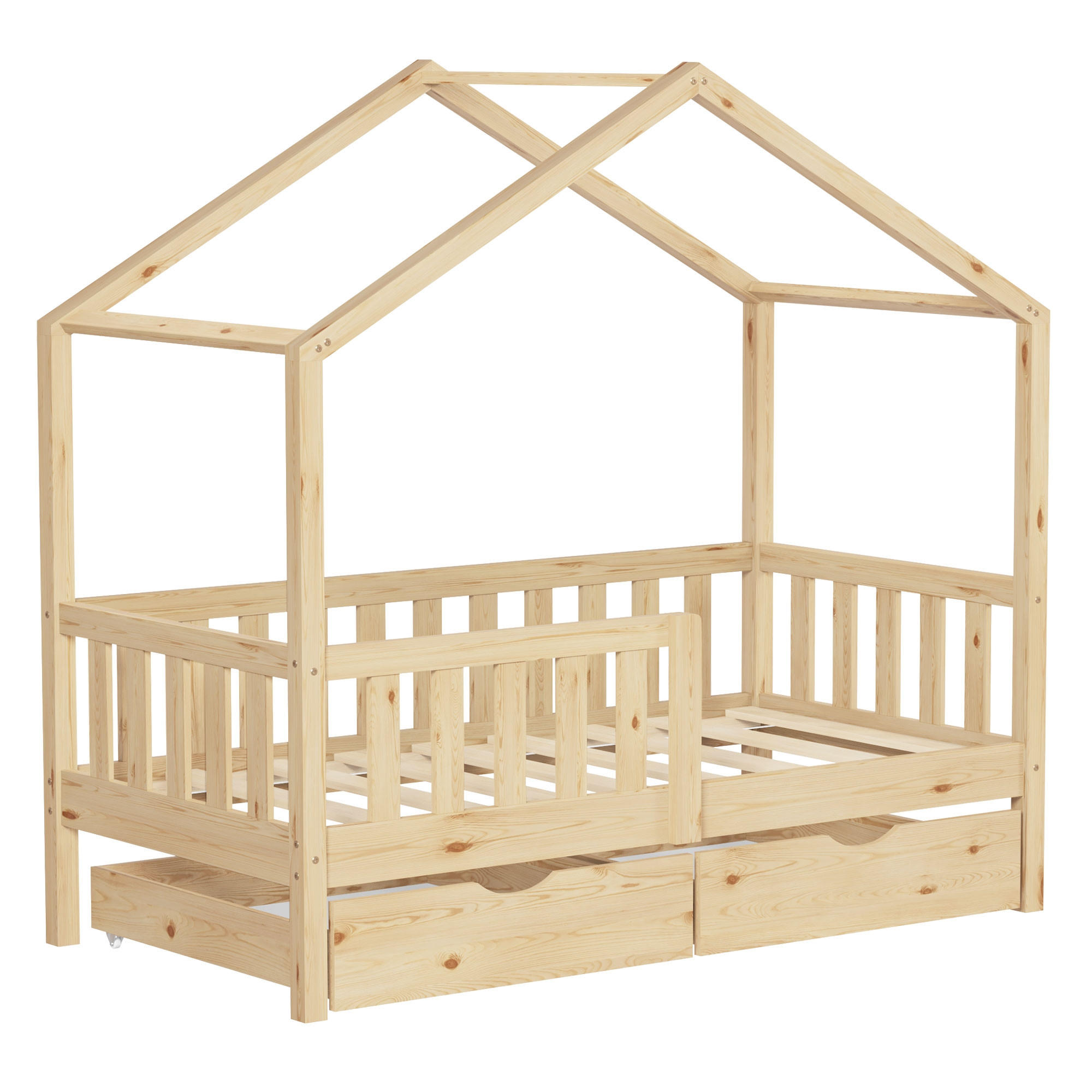 HAUSBETT 70x140 cm Natur aus Kiefernholz mit 2 Schubladen und Rausfallschutz - Beige, Holz (70/140cm) - ML-DESIGN