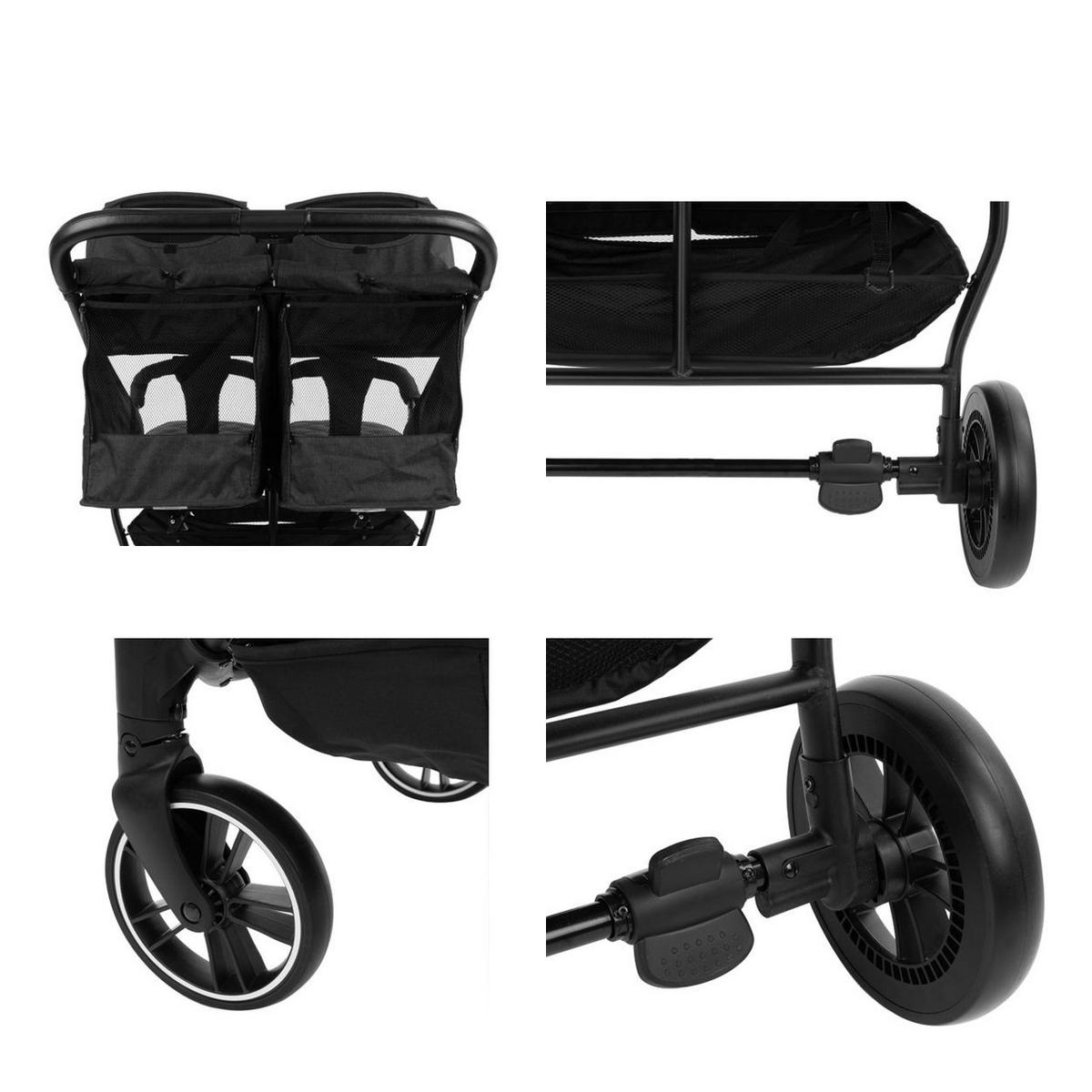 GESCHWISTERKINDERWAGEN Happy 2 black faltbar, Regenschutz, Fußsack, gefedert - Schwarz, Metall (79/73/104cm) - Kikka boo