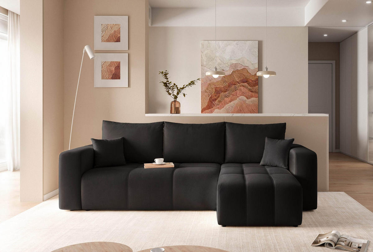 ECKSOFA Schwarz Velours mit Bettkasten und Schlaffunktion - Schwarz, Textil (248/145cm) - Idohome