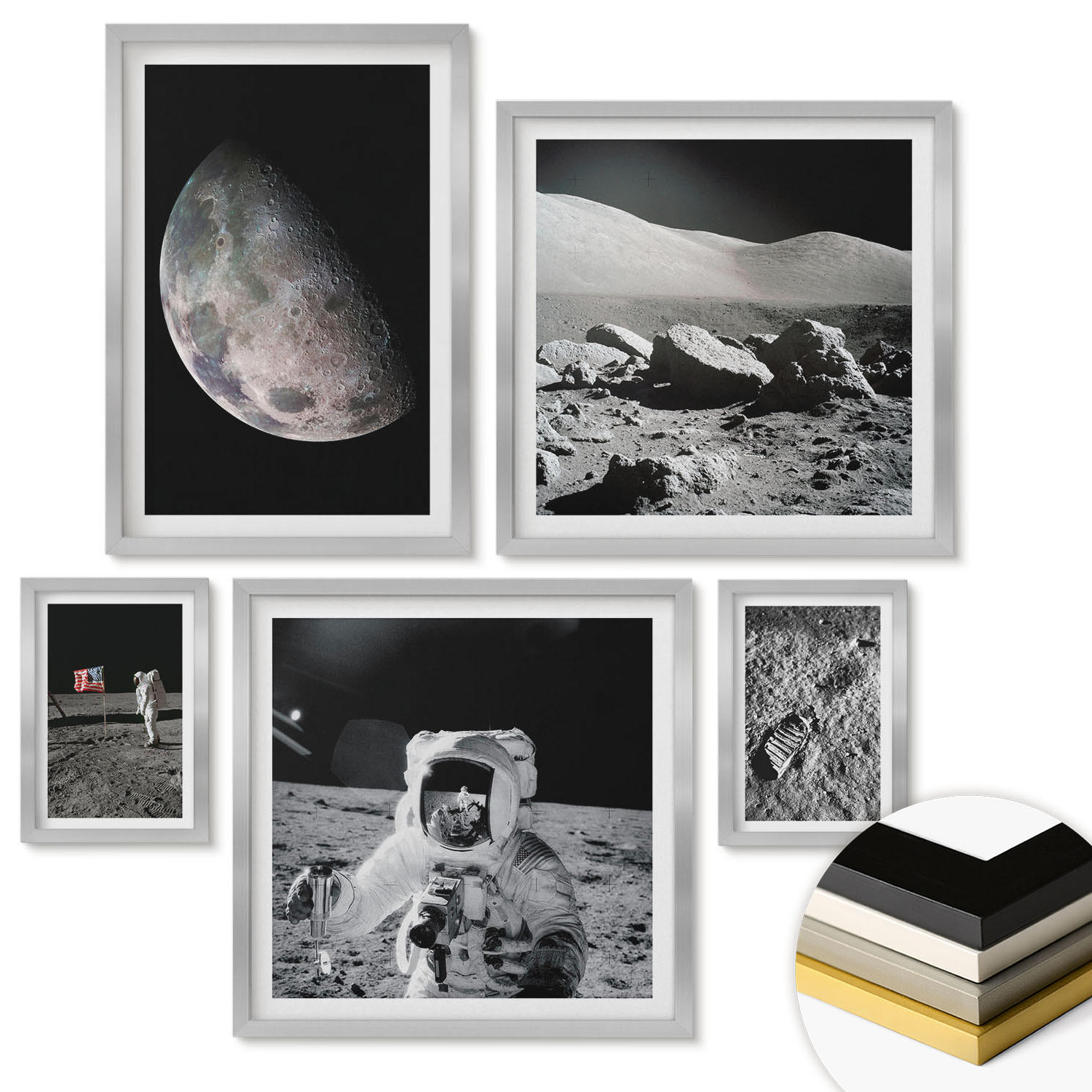 WANDBILDER 5er Set - 50x50 cm & 20x30 cm & 40x60 cm Silberner Rahmen - Gemälde von Zitronenbäumen - Silberfarben, Kunststoff (40/60cm) - ArtPrintCave