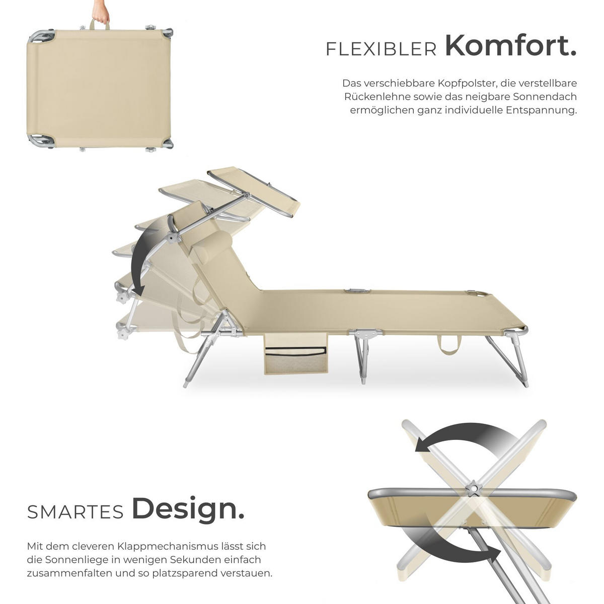 SONNENLIEGE 2er Set Chloé, 190 x 68 x 111 cm, mit Seitentasche, beige - Beige, Kunststoff (68/111/161cm) - tectake