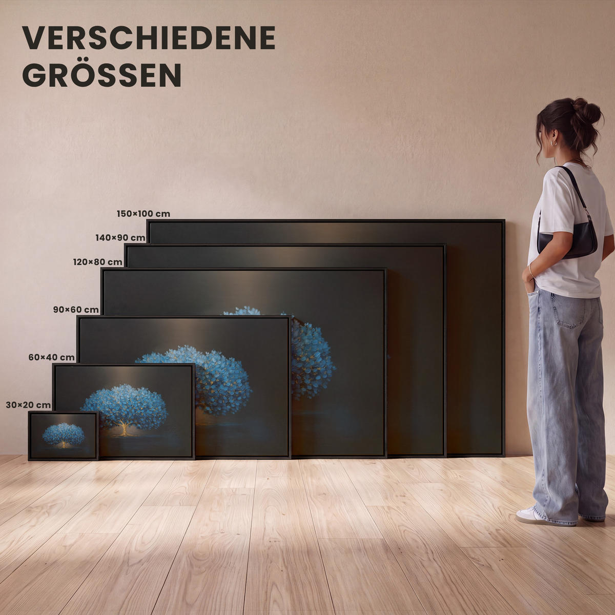 LEINWAND Bilder mit Rahmen - Baum - Blau - Blätter - Pinselstriche - 140x90 - Blau, Textil (140/90cm) - MuchoWow