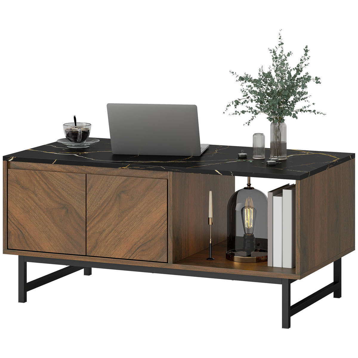 COUCHTISCH DE-15801 mit 2 Türen & 2 offenen Fächern Nussbaum - Walnussfarben, Holzwerkstoff (100/50.8/45.7cm) - ComfortXL