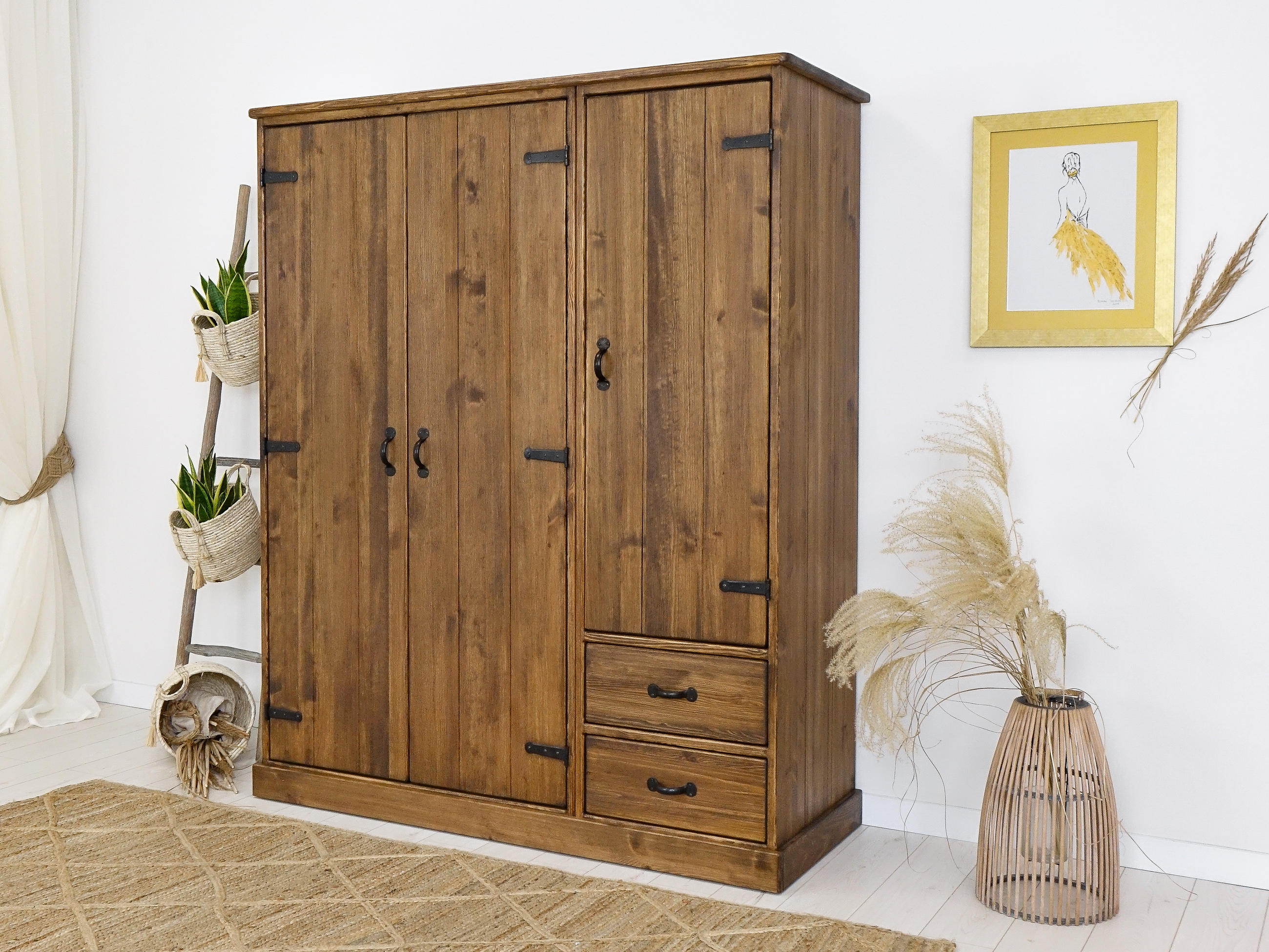 Thumbnail - Seart Kleiderschrank, Dunkelbraun, Holz, Echtholz,Kiefer, 2 Schubladen, 155x190x60 cm, Schlafzimmer, Kleiderschränke