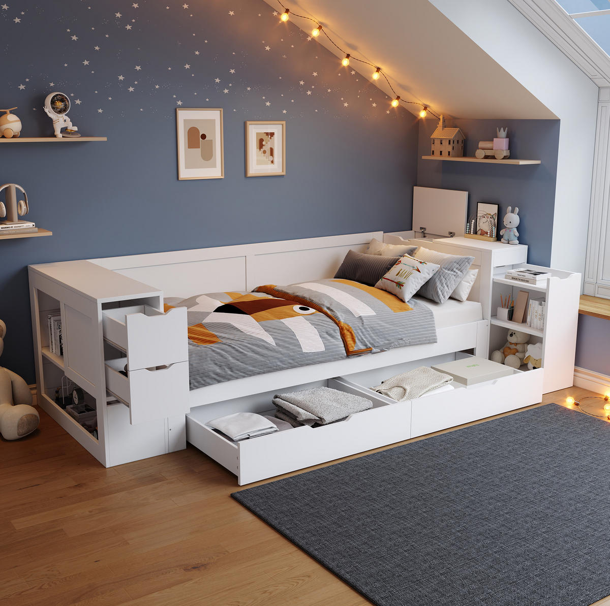 KINDERBETT 90/200 cm aus MDF mit Schublade, Regal und Nachttisch Weiß - Weiß, Holzwerkstoff (90/200cm) - Modenvie