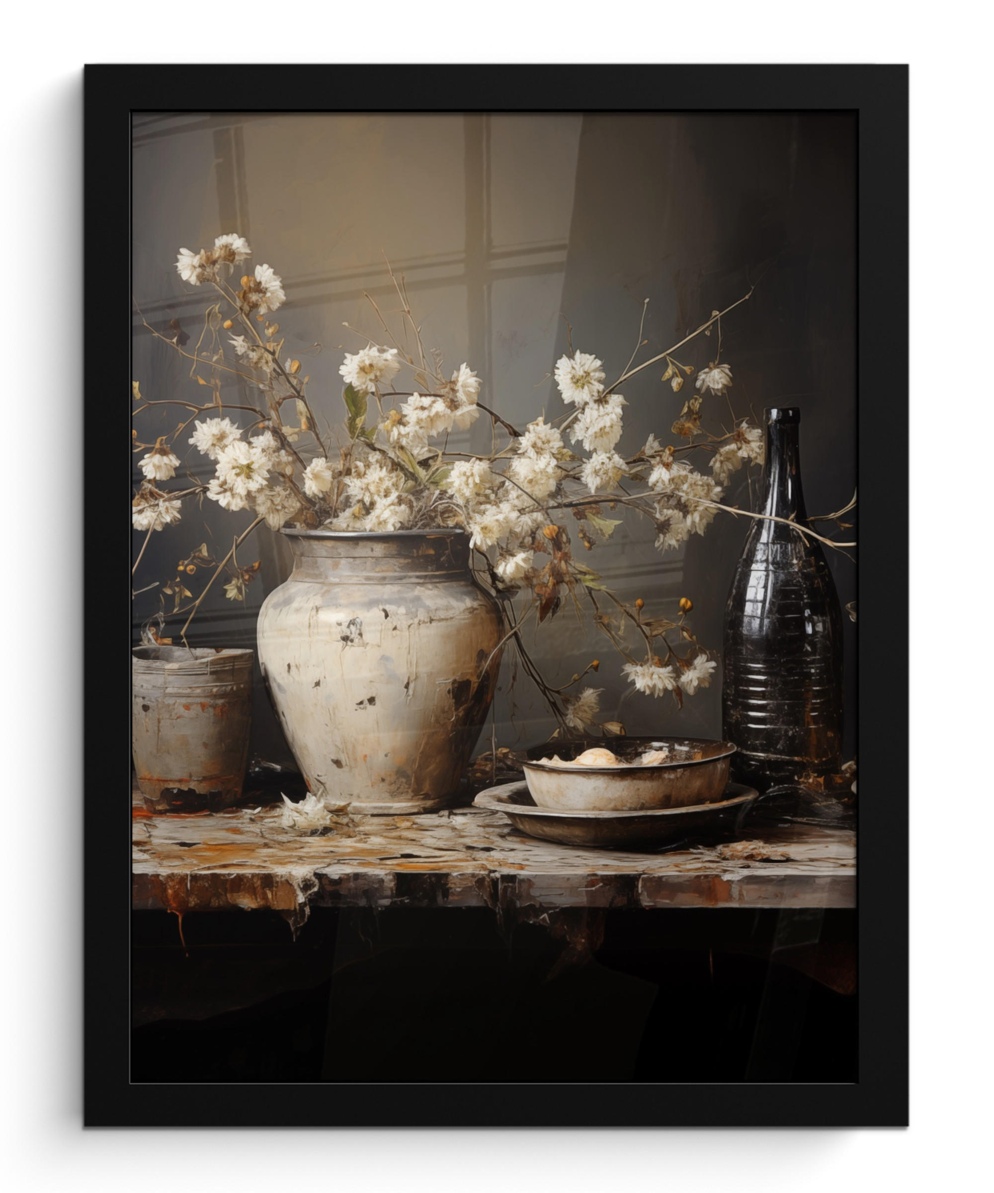 GERAHMTES BILD Stilleben - Blumen - Blumenstrauß - Vase - Wein 30x40 cm - Schwarz, Papier (30/40cm) - MuchoWow