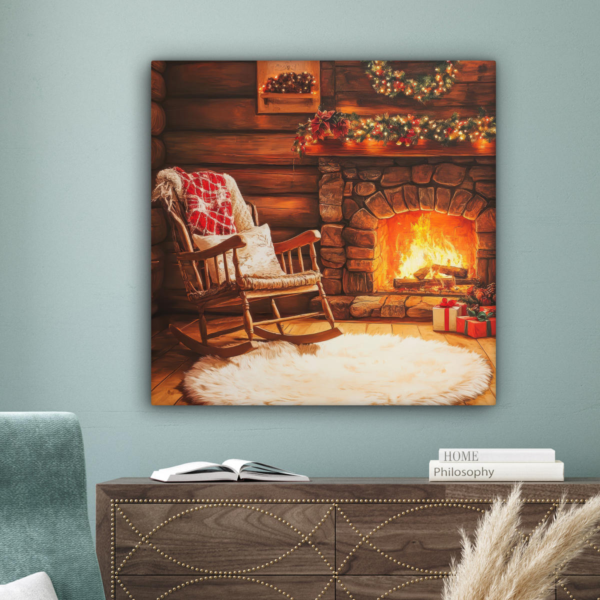 LEINWANDBILD Winter - Weihnachten - Zuhause - Kamin 90x90 cm - Bernsteinfarben, Textil (90/90cm) - MuchoWow