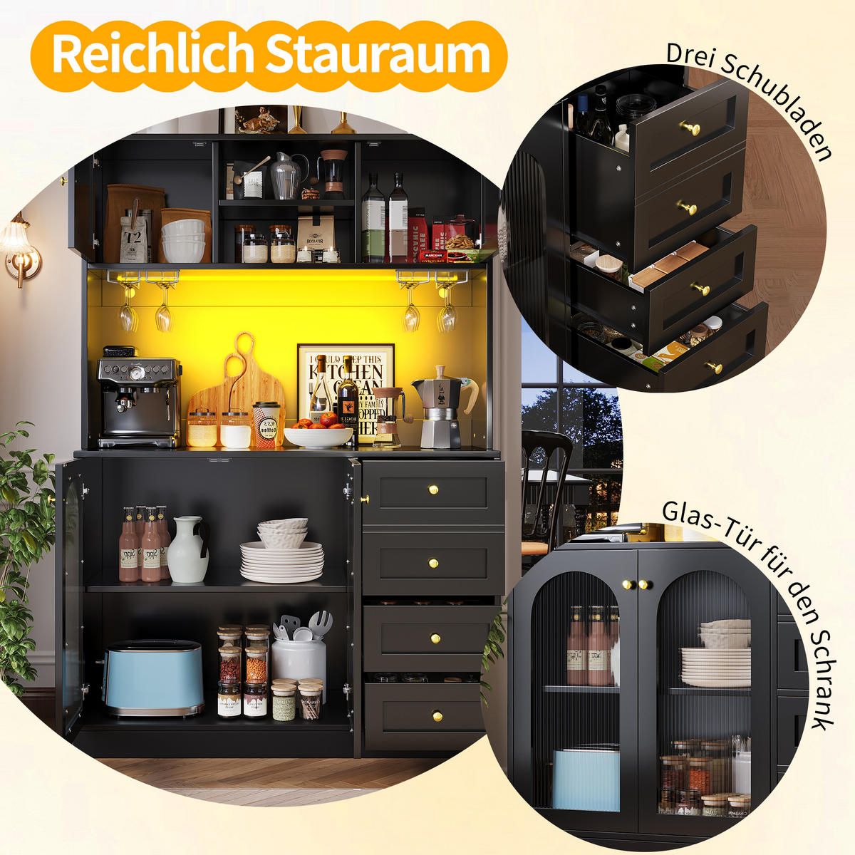 HIGHBOARD in Schwarz mit LED-Lichtleiste und Schubladen für Küche und Wohnzimmer, B120/T40/H188 cm - Schwarz, Glas/Holzwerkstoff (120/188/40cm) - STILVORA