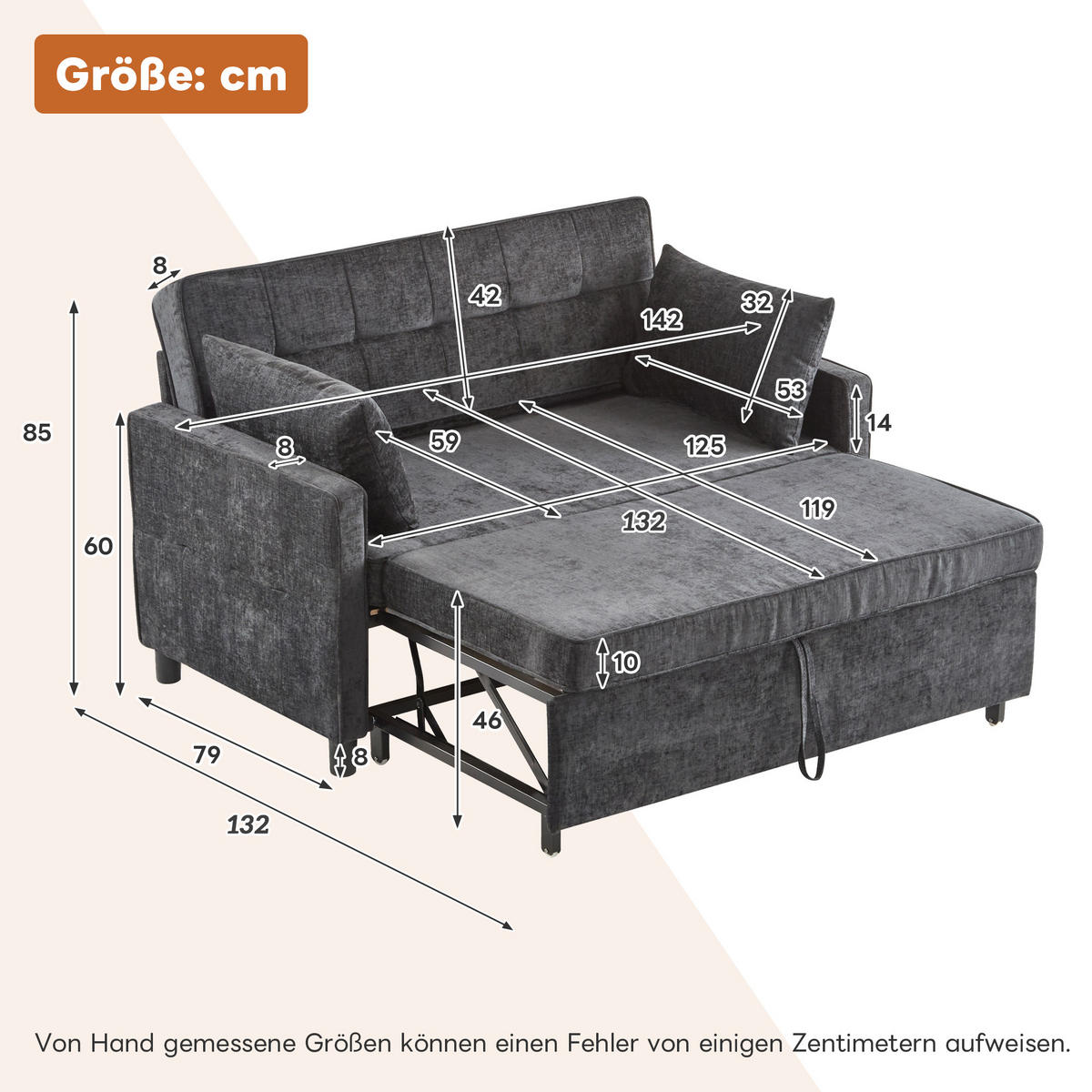 SCHLAFSOFA Chenille mit Ausziehfunktion und 2 Kissen Antikschwarz 142/79/85 cm - Schwarz, Textil (79/85/142cm) - Redom