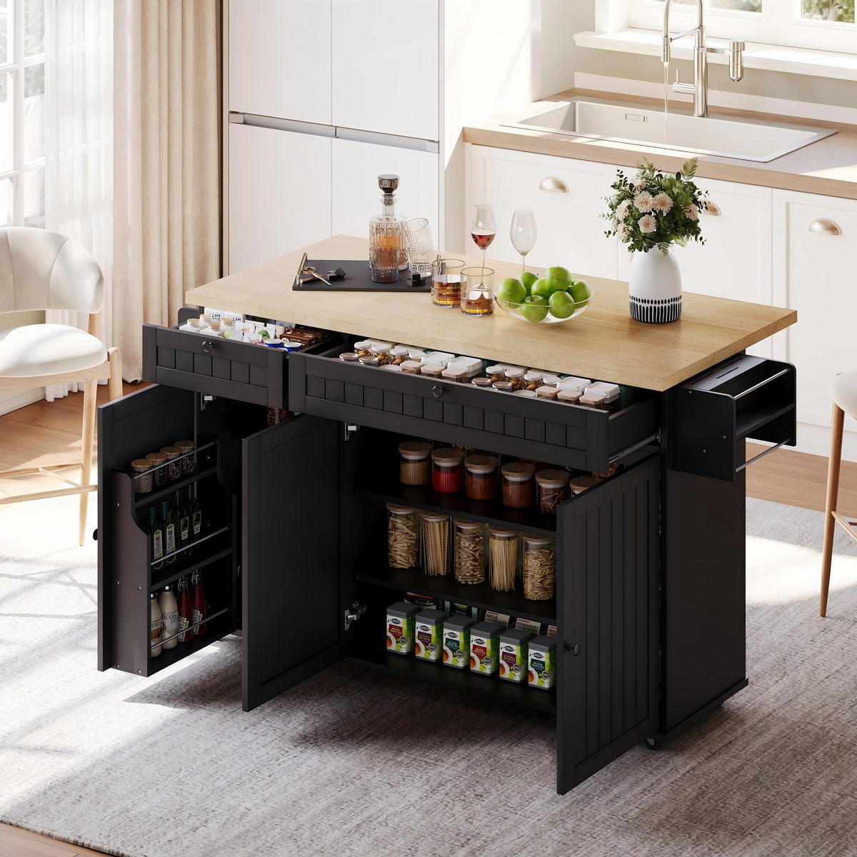 KÜCHENINSEL mit Rollen Schwarz mit Klappplatte, 2 Schubladen, Schrank und Türregal - Schwarz, Holz/Holzwerkstoff (137/89.5/70cm) - Oxeza