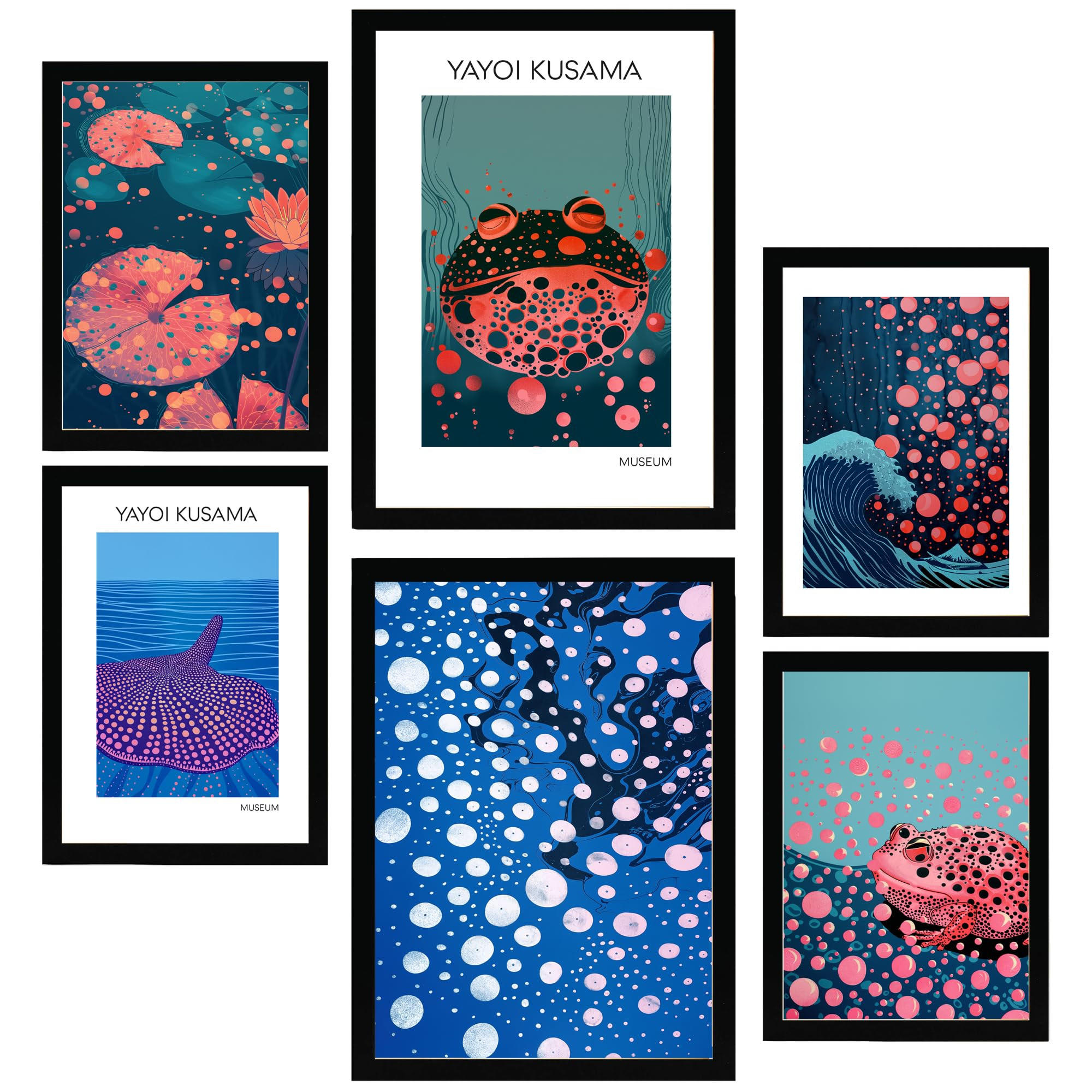 POSTER Set Mit 6 Kusama Fisch A3 & A4 Schwarzer Rahmen - Schwarz, Papier (29/3cm) - Nacnic