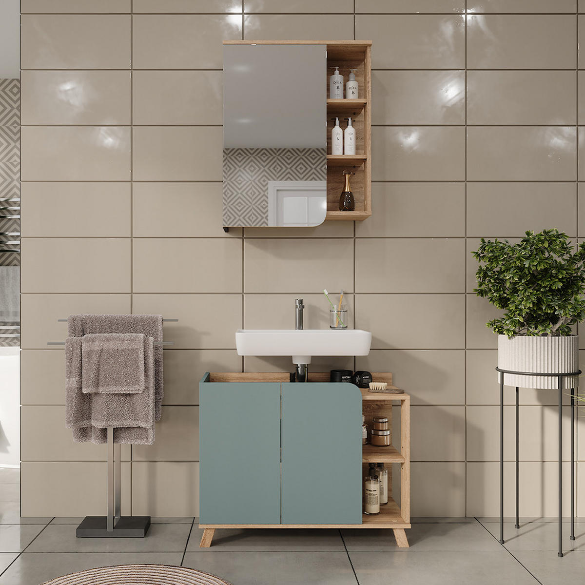BADMÖBEL-SET Karen Sonoma/Blau 2 Teile - Blau, Holzwerkstoff (80/65/35cm) - Vicco