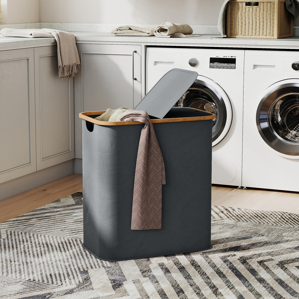 WÄSCHEKORB DE-18815 2 Fächer, 80L mit Deckel & klappbar Grau - Grau, Textil (54/58.5/34cm) - ComfortXL