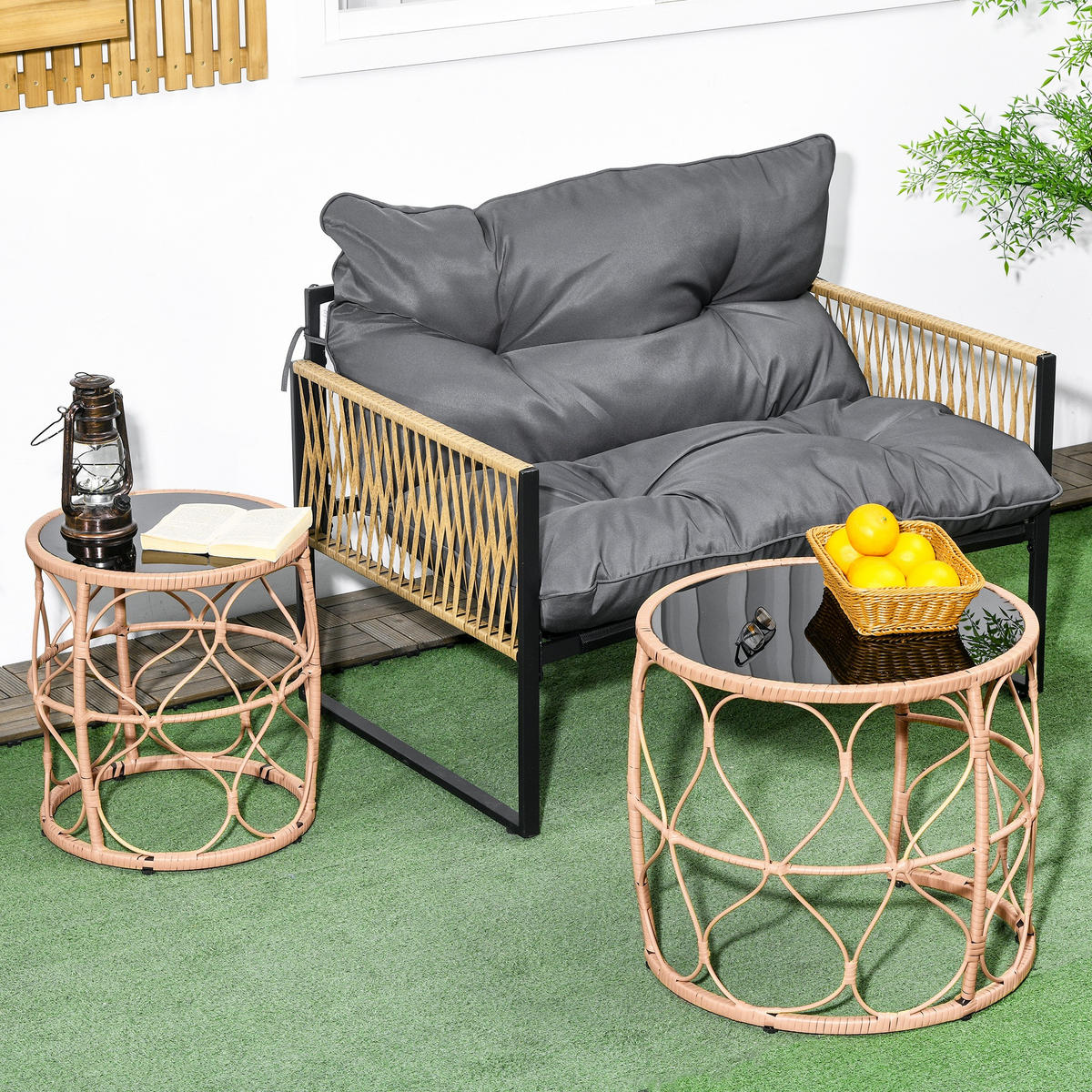 BEISTELLTISCH 2er- Set , für Garten, Balkon, Khaki - Naturfarben, Kunststoff (55/55/51cm) - Outsunny