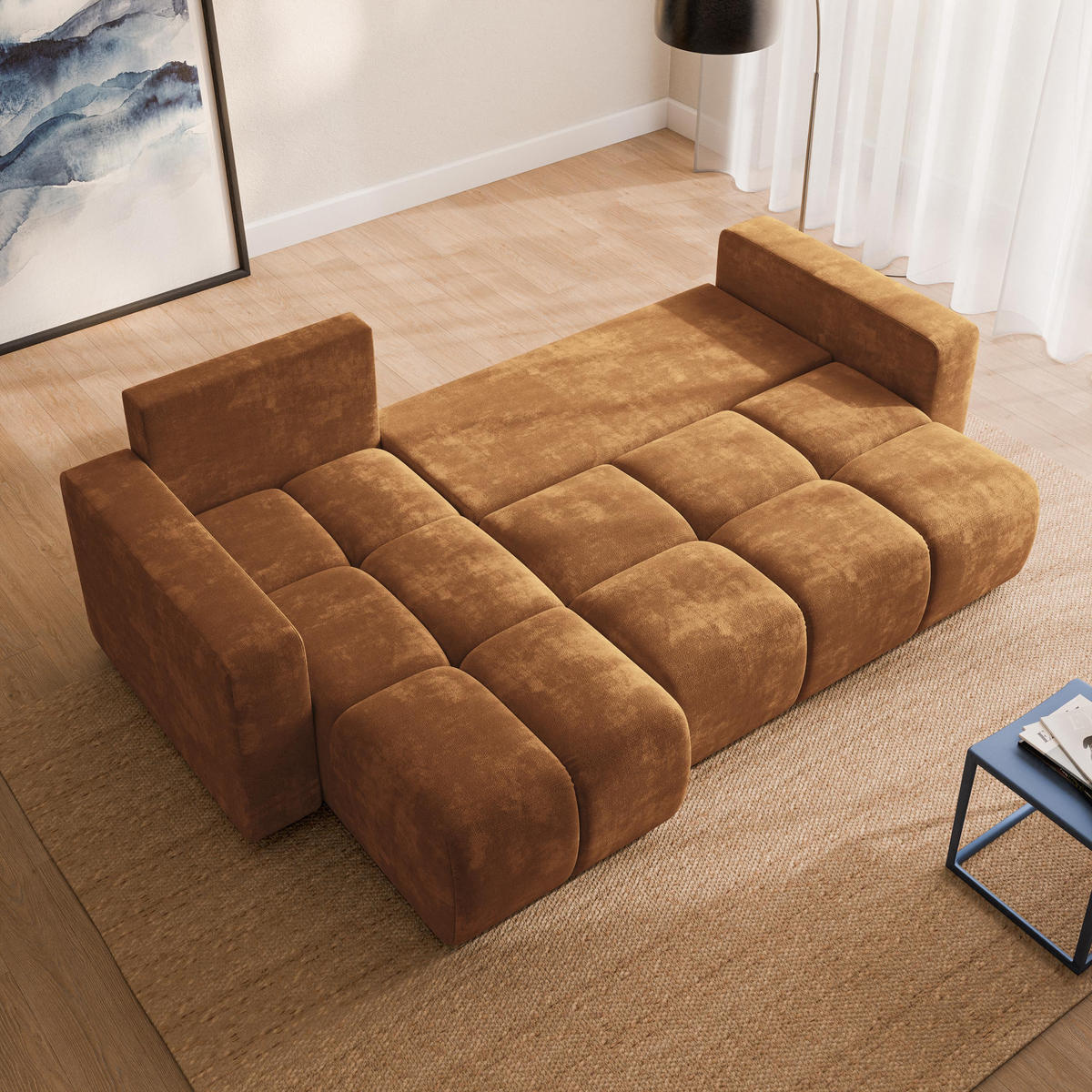 ECKSOFA RAMIL Hellbraun Chenille mit Schlaffunktion - Hellbraun, Holz (240/149cm) - MASSENO