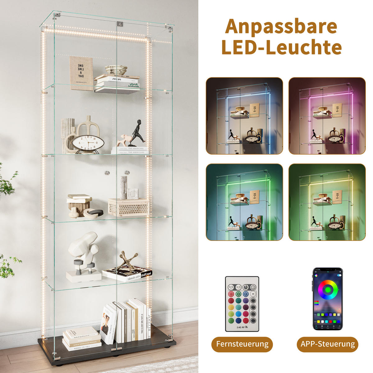 STANDVITRINE 78,5x186,5cm Schwarz mit LED-Leisten, 5 Böden, abschließbar - Schwarz, Glas (34.5/186.5/78.5cm) - SHOPENTRA