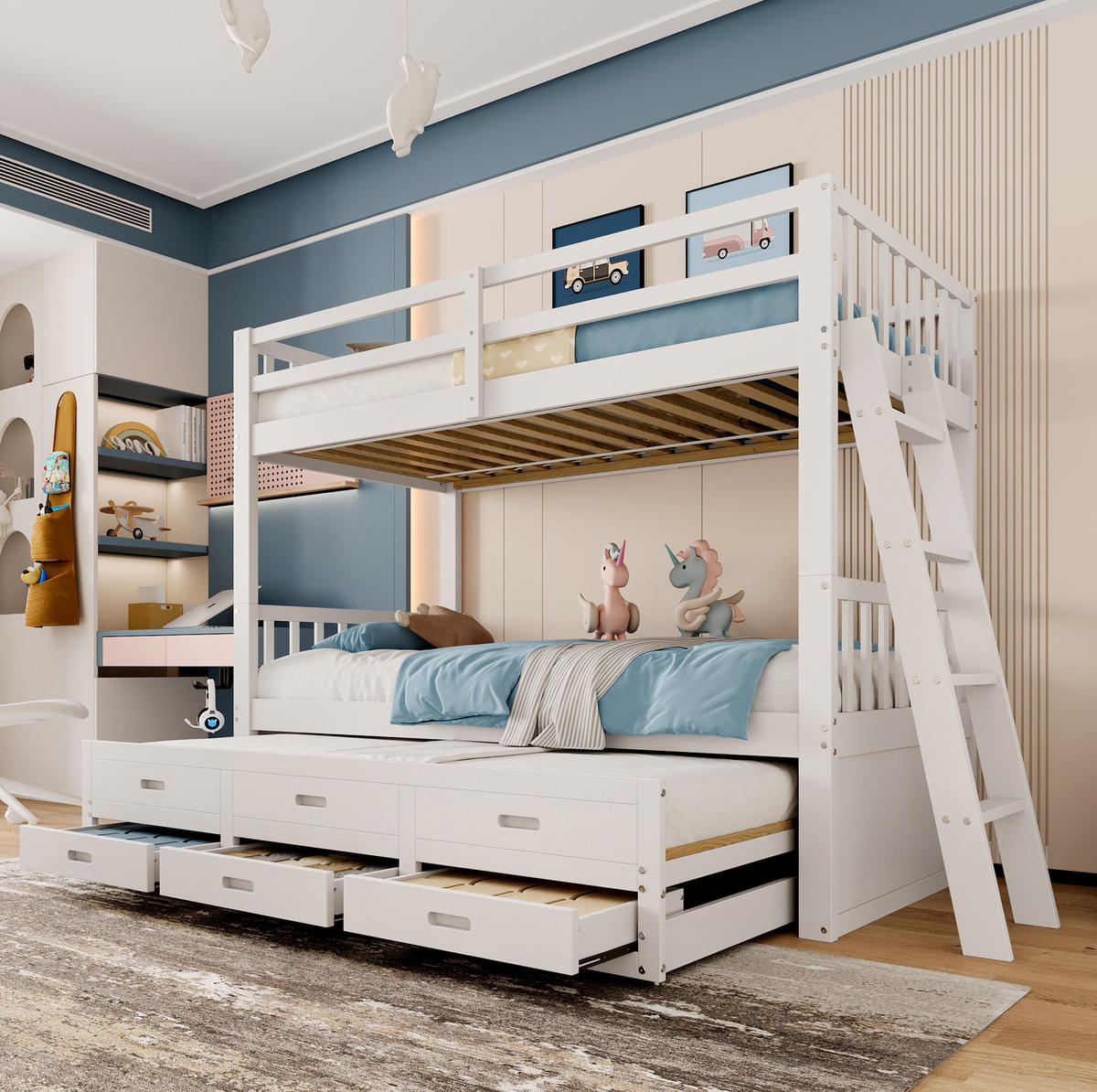 ETAGENBETT 90/200 cm Weiß Kiefernholz mit 3 Schubladen für Kinder - Weiß, Holz (90/200cm) - OKWISH