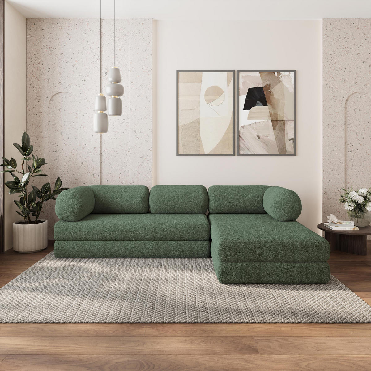 ROHOVÁ SEDAČKA KELI modulární Boneless pohovka s funkcí spaní, zelená barva QUELLE 37 - zelená barva, textil (270/160cm) - MASSENO