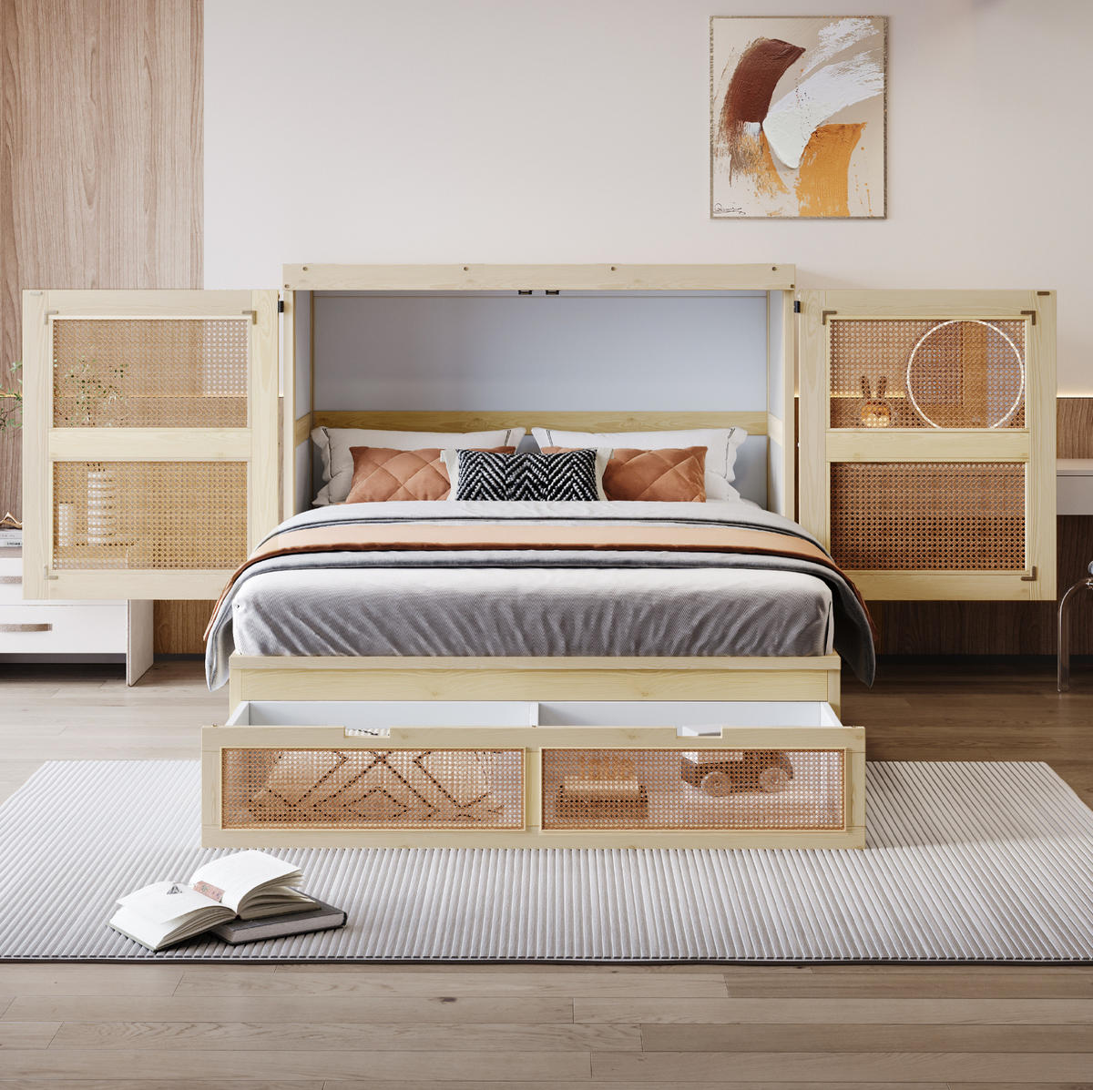 KLAPPBETT 140/200 cm in Holzfarbe mit Rattan-Design und Schubladen - Naturfarben, Holzwerkstoff (140/200cm) - Flora Grace